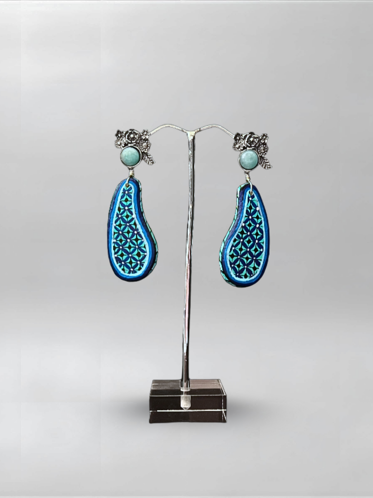 Turquoise Drop — one-of-one hand-carved wood and sterling silver earrings