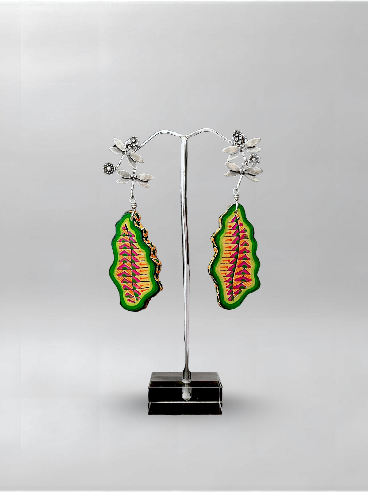Acid Bloom — one-of-one hand-carved wood and sterling silver earrings
