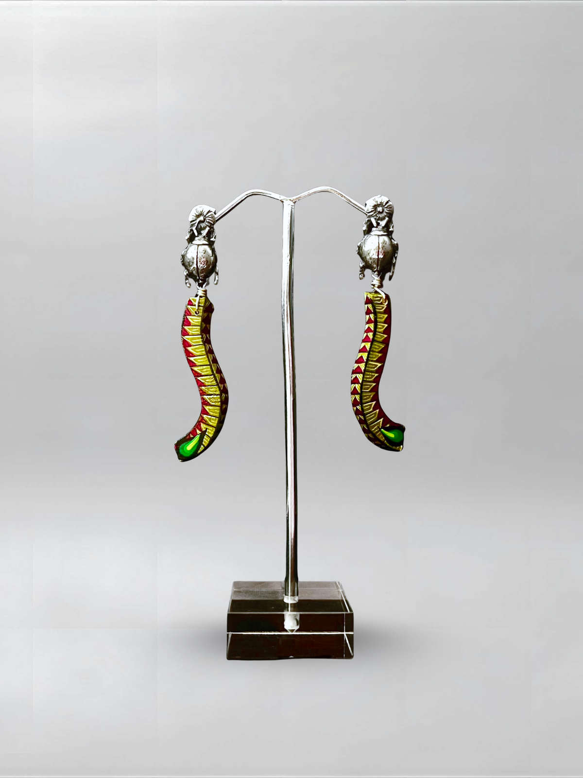 Acid Arc — one-of-one hand-carved wood and sterling silver earrings