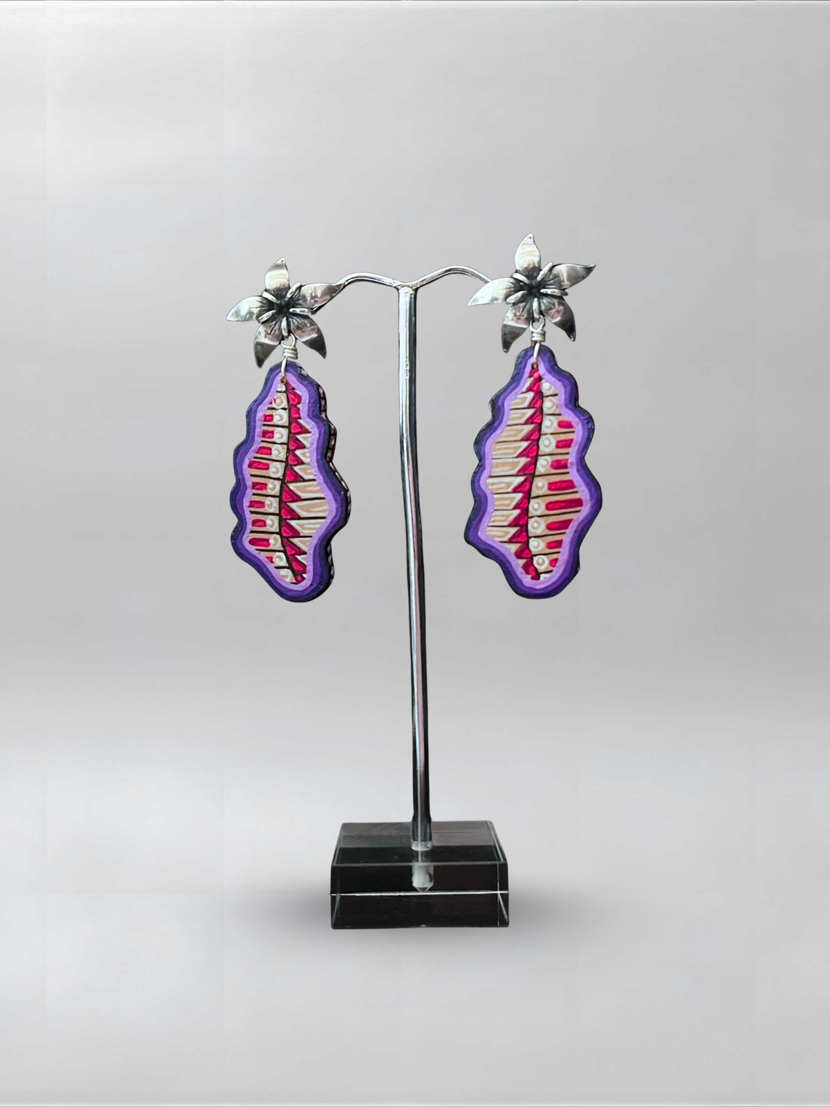 Violet Wing — one-of-one hand-carved wood and sterling silver earrings