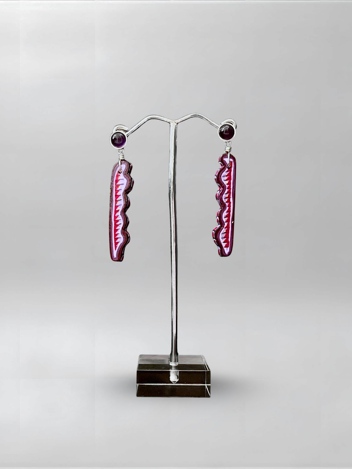 Violet Cut — one-of-one hand-carved wood and sterling silver earrings