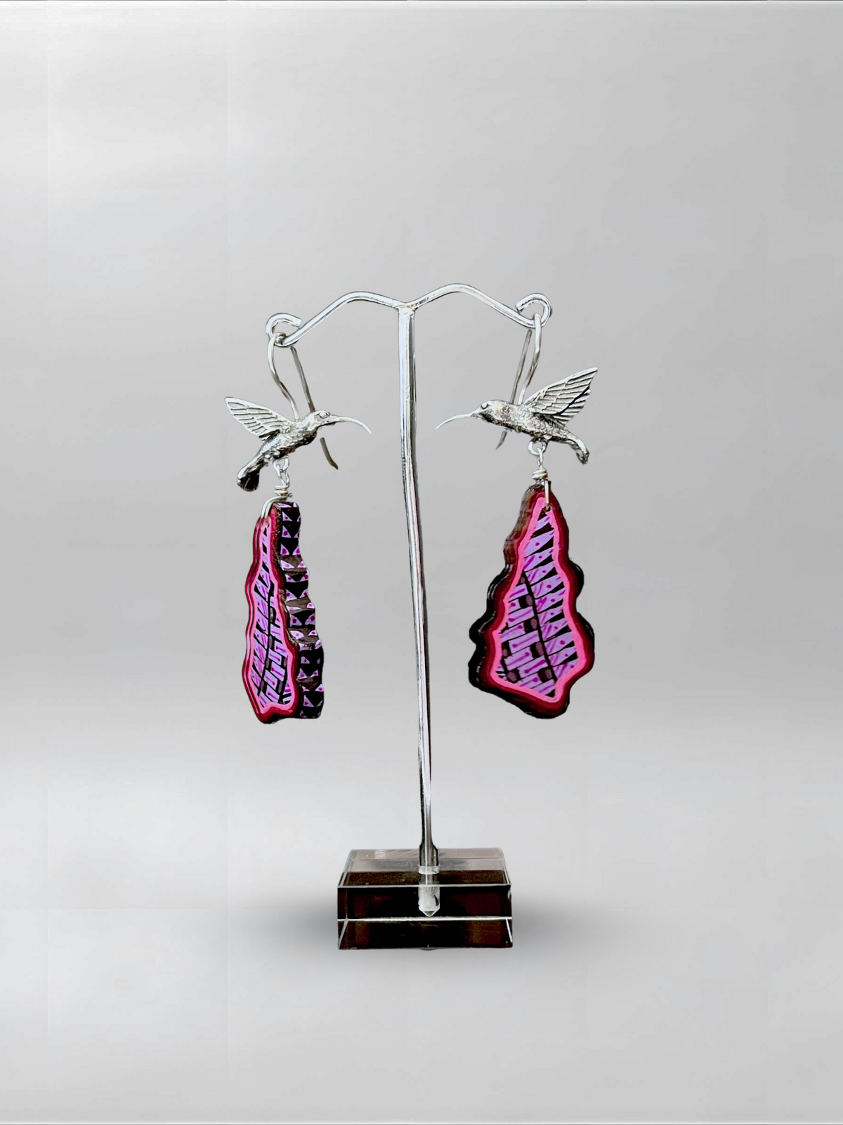 Magenta Wing — one-of-one hand-carved wood and sterling silver earrings