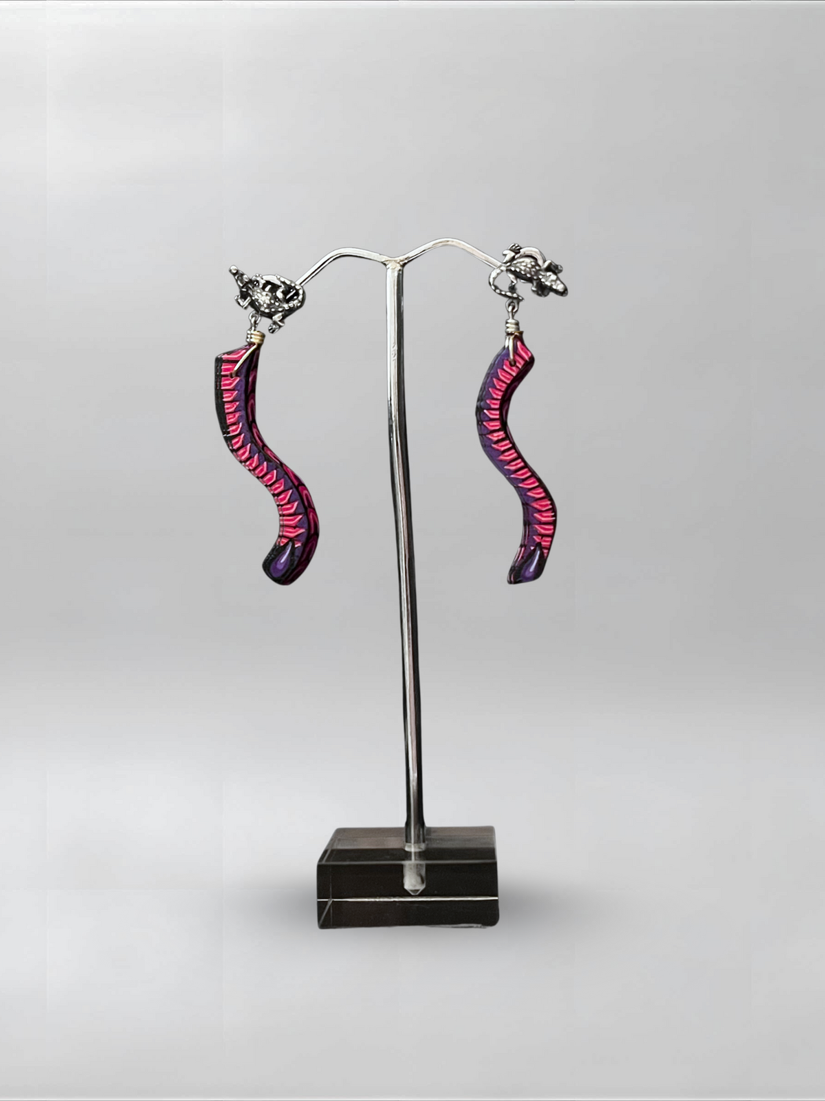 Magenta Current — one-of-one hand-carved wood and sterling silver earrings