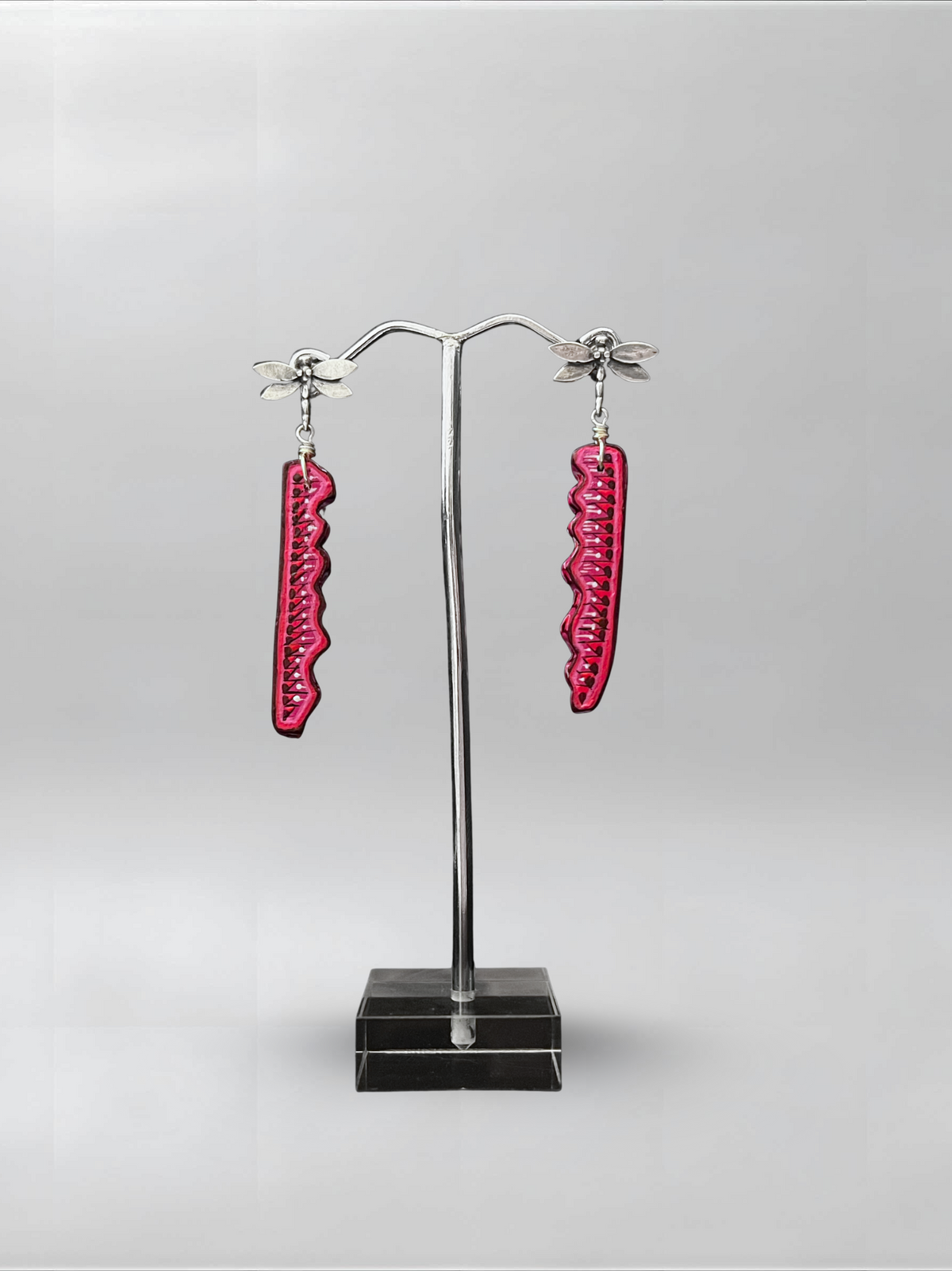 Pink Needle — one-of-one hand-carved wood and sterling silver earrings