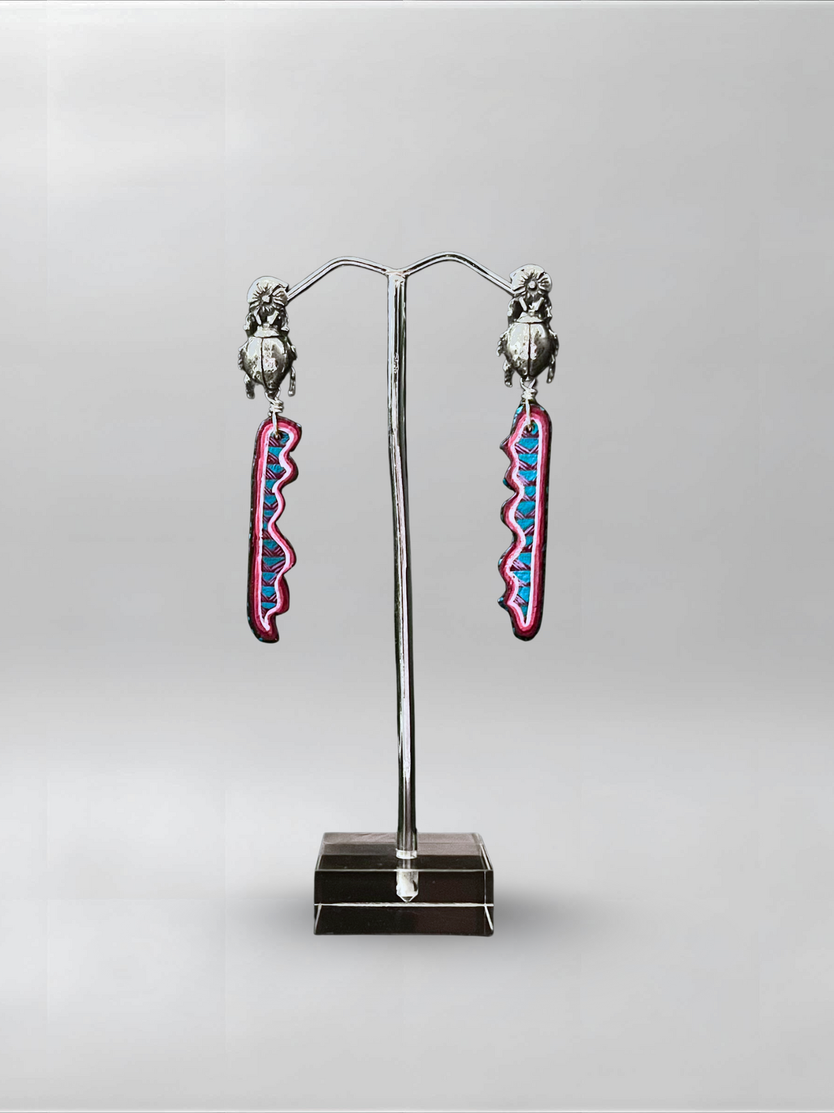Electric Trace — one-of-one hand-carved wood and sterling silver earrings