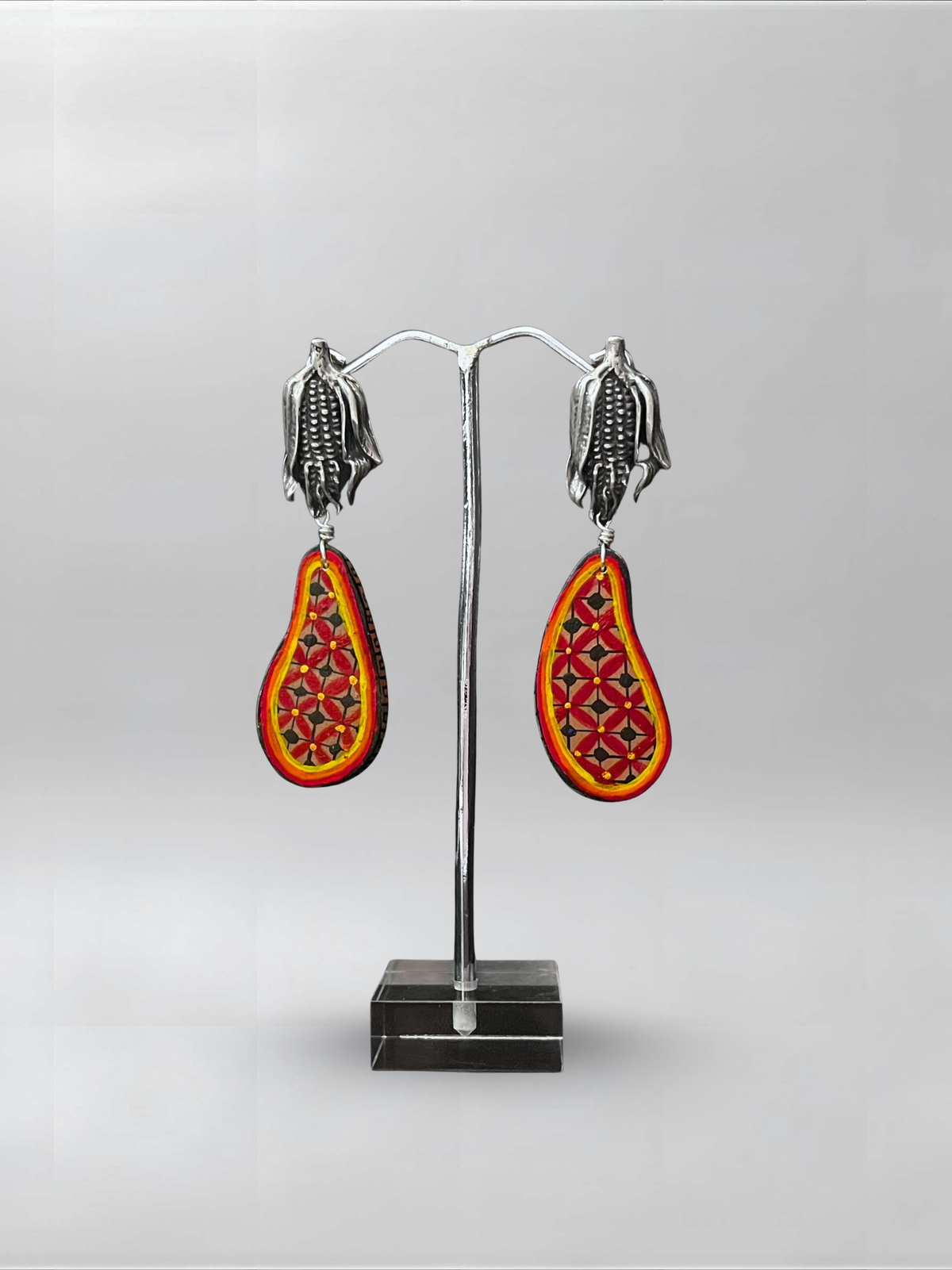 Ember Drop — one-of-one hand-carved wood and sterling silver earrings
