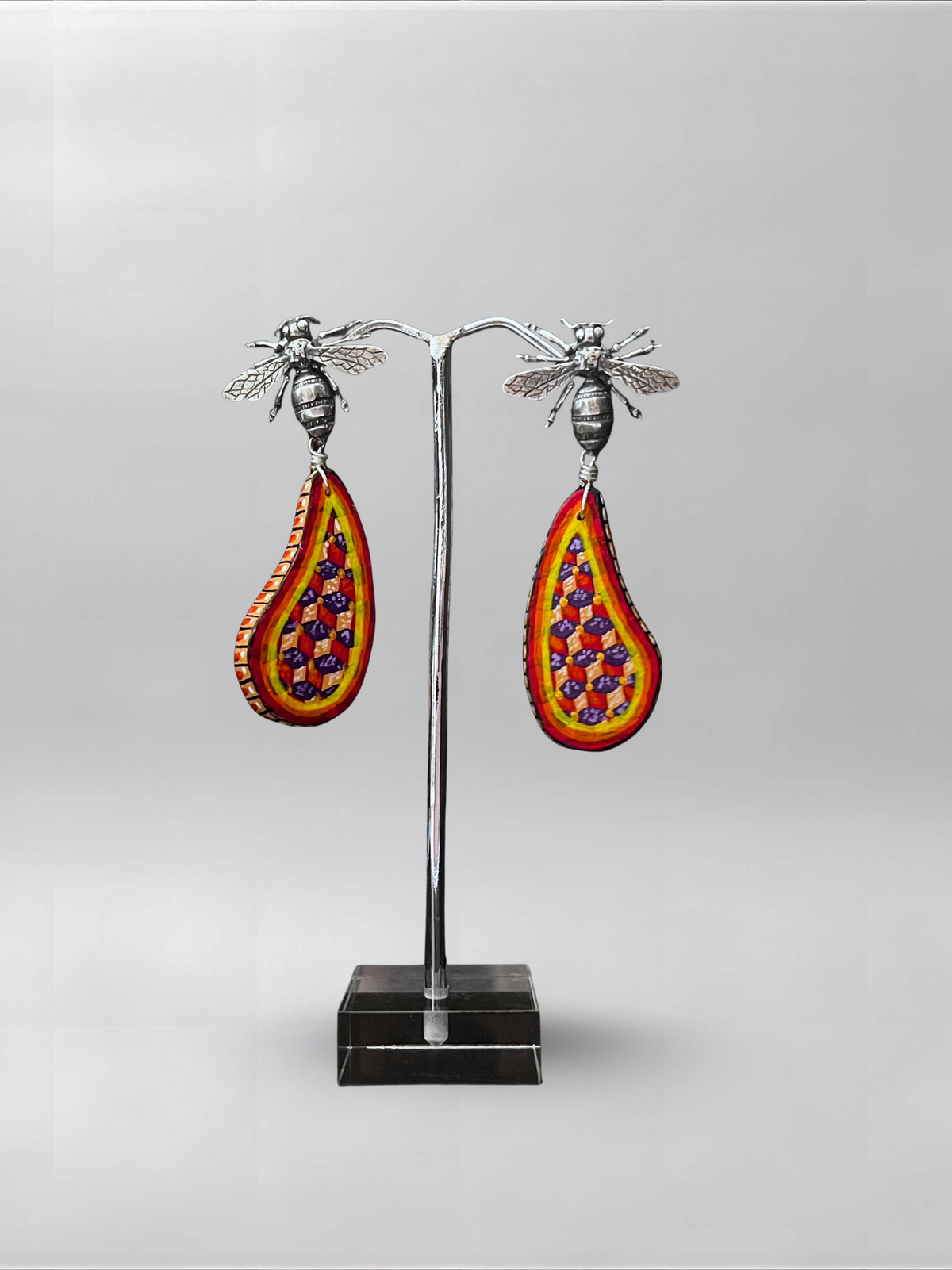 Orange Drop — one-of-one hand-carved wood and sterling silver earrings