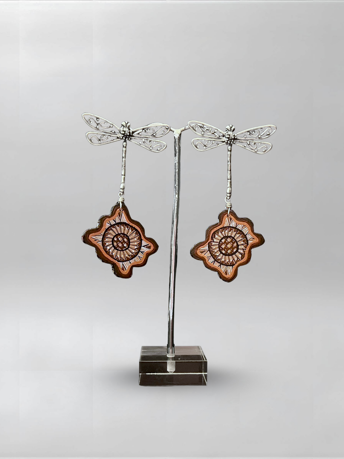 Earth Glyph — one-of-one hand-carved wood and sterling silver earrings