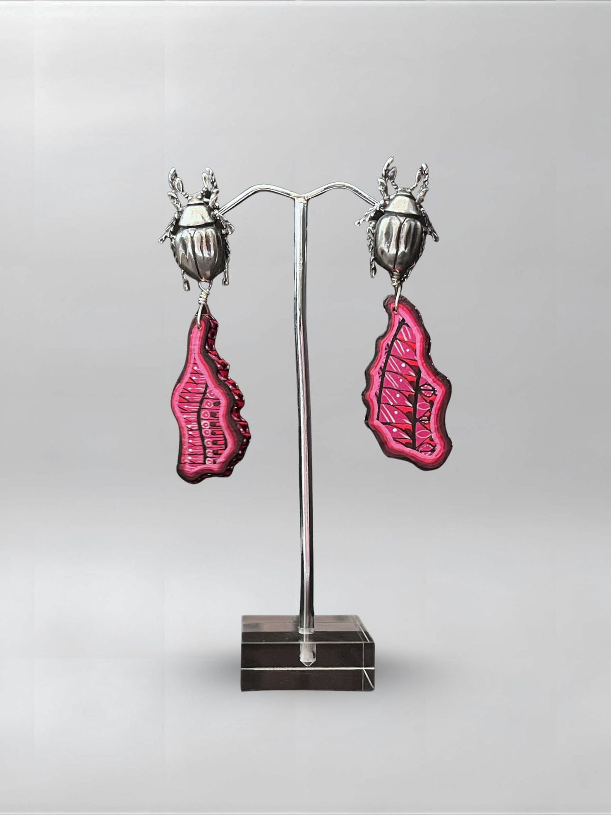 Pink Shell — one-of-one hand-carved wood and sterling silver earrings