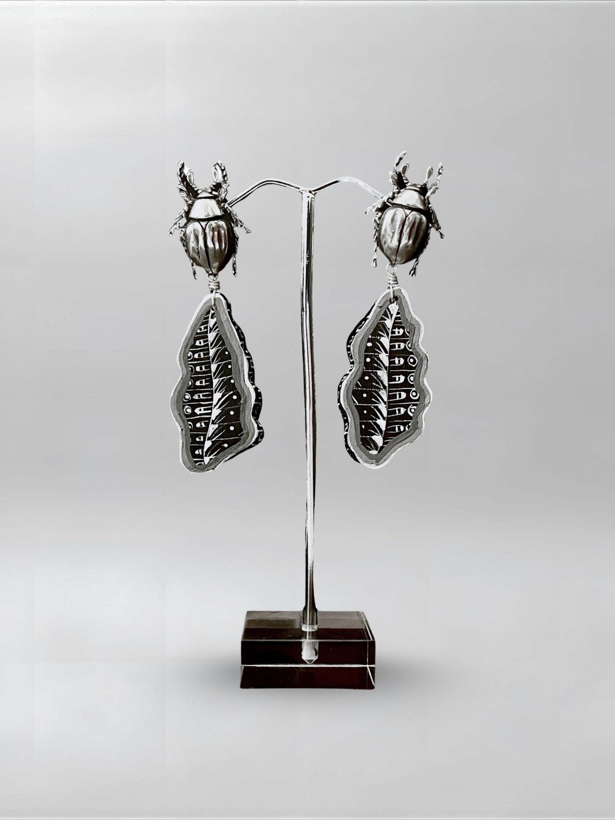 Graphite Shell — one-of-one hand-carved wood and sterling silver earrings