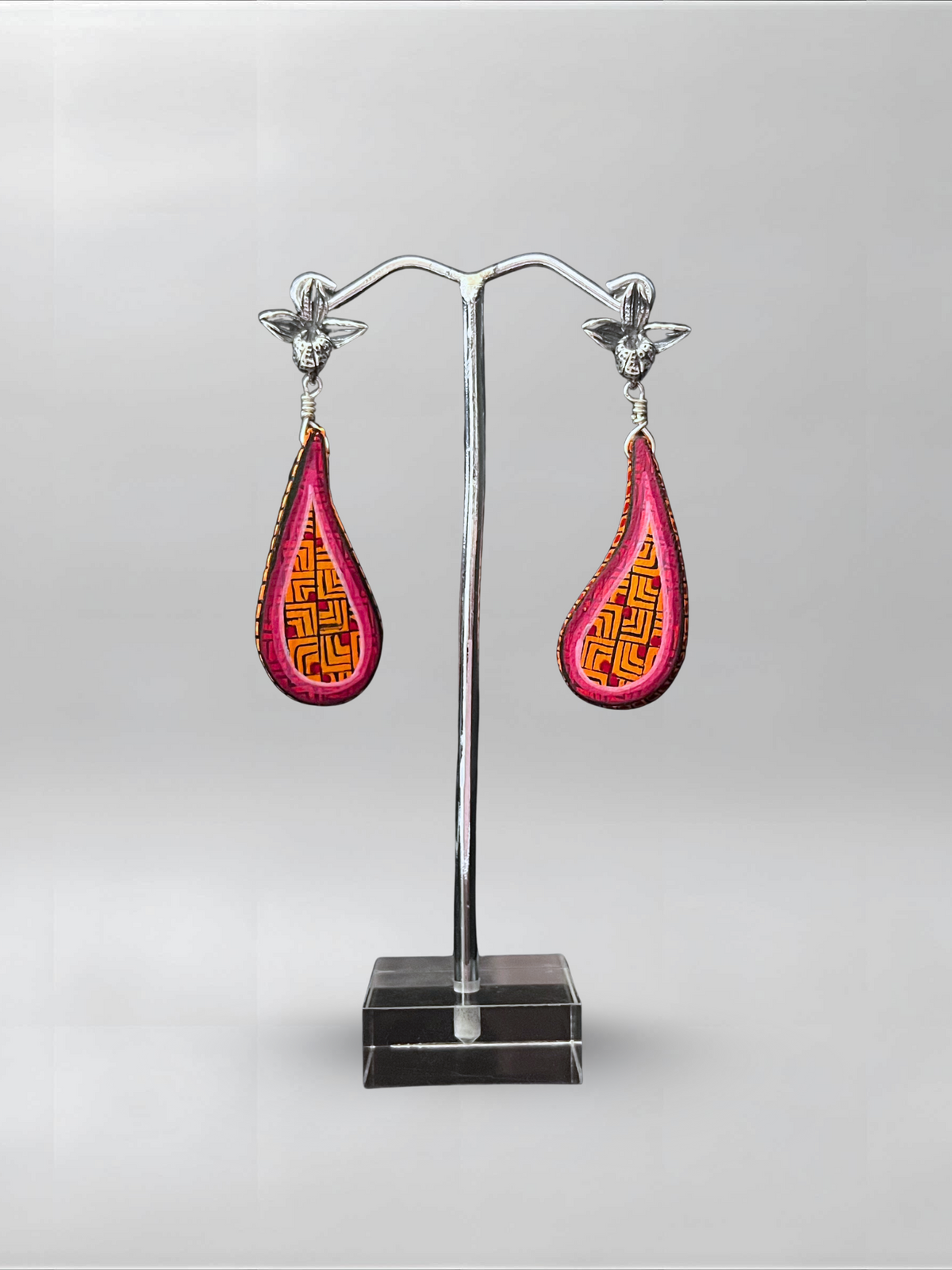 Rose Drop — one-of-one hand-carved wood and sterling silver earrings