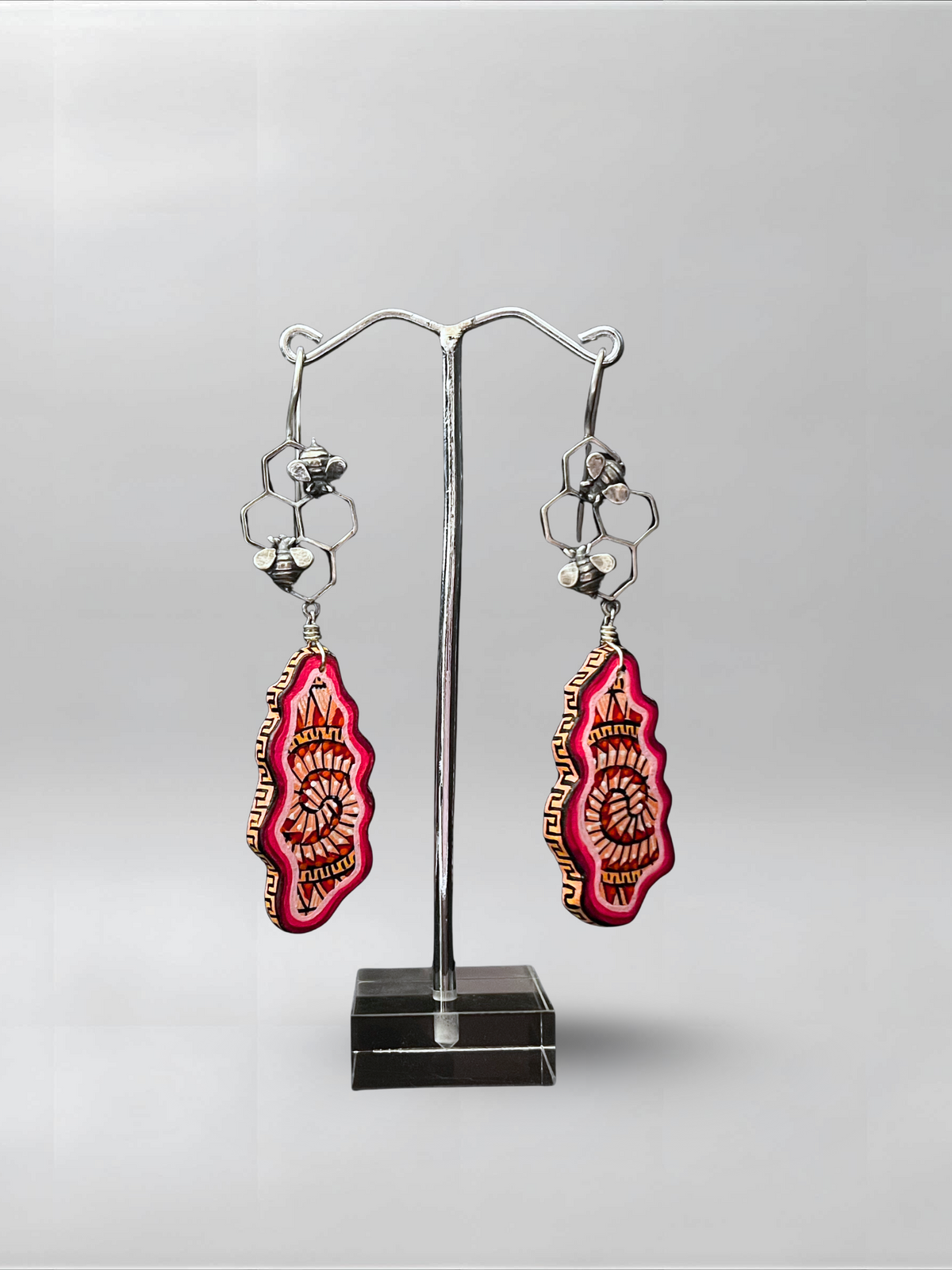 Crimson Hive — one-of-one hand-carved wood and sterling silver earrings