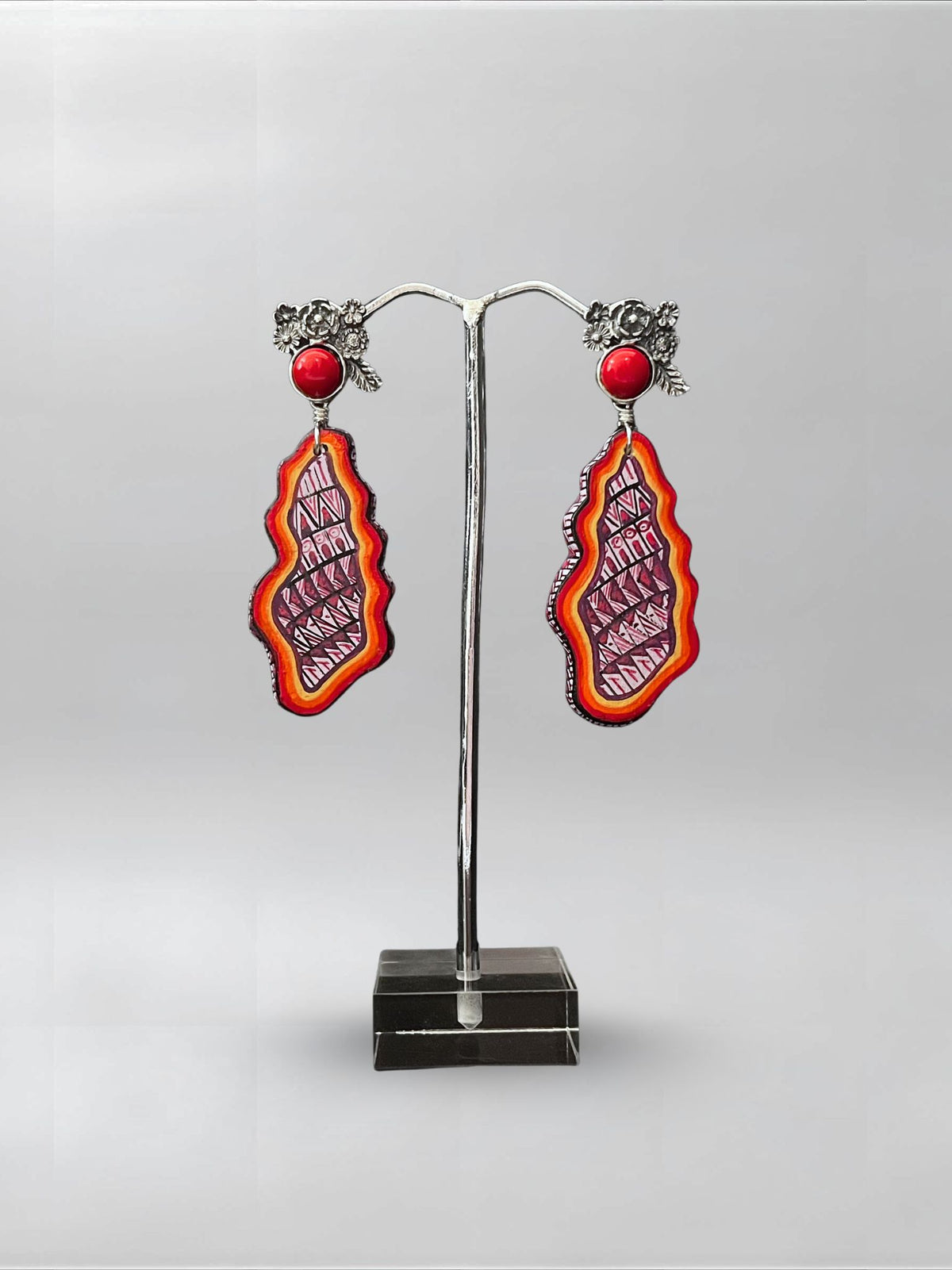 Coral Static — one-of-one hand-carved wood and sterling silver earrings