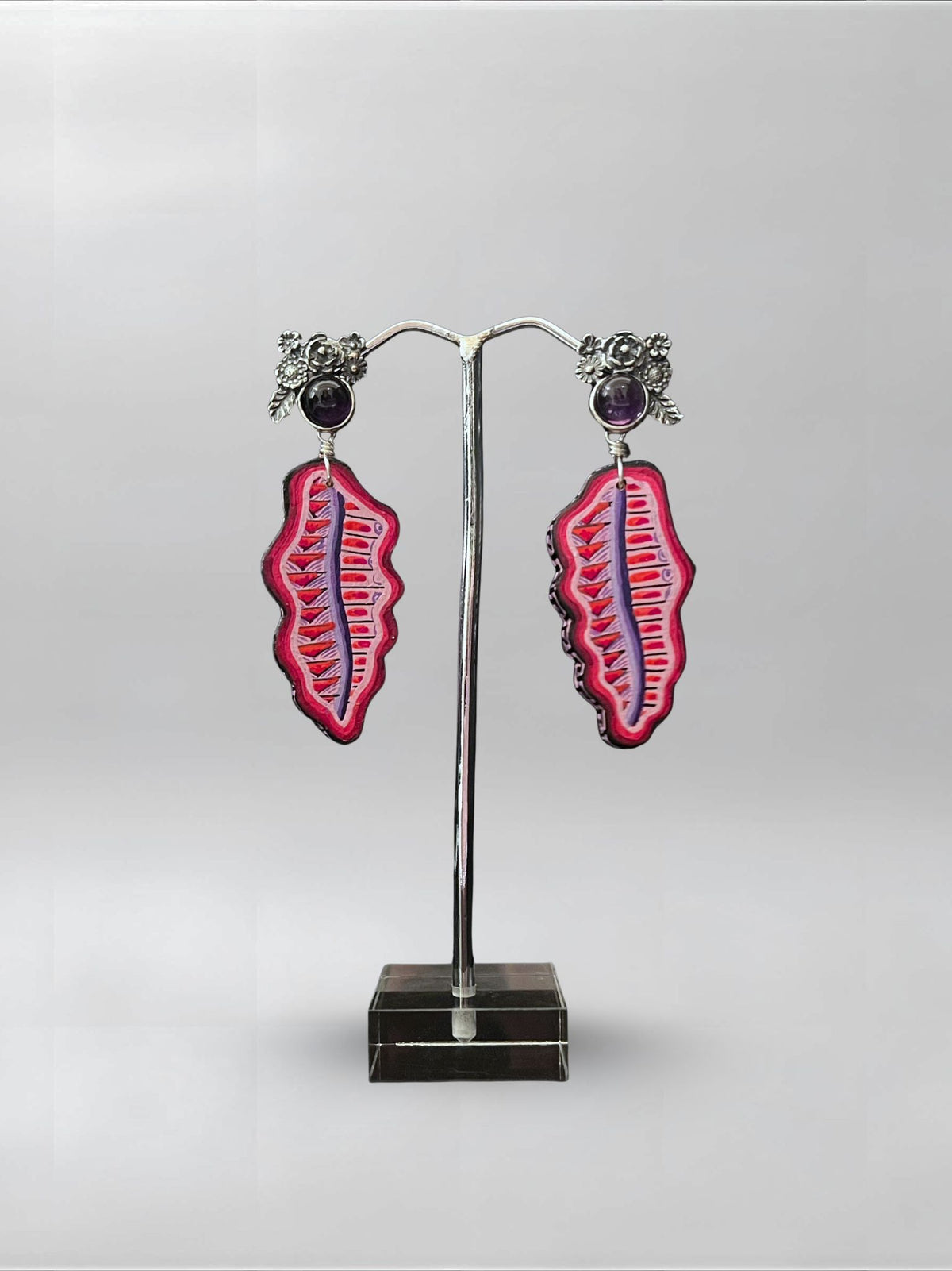 Pink Form — one-of-one hand-carved wood and sterling silver earrings