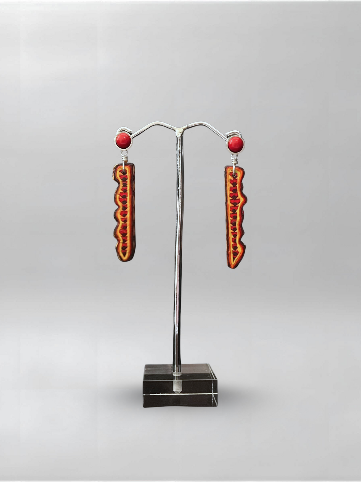 Signal Red — one-of-one hand-carved wood and sterling silver earrings