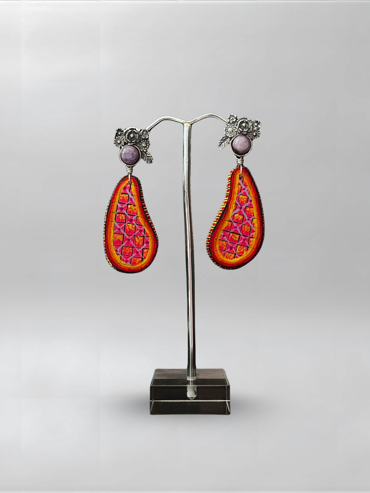 Rose Static — one-of-one hand-carved wood and sterling silver earrings
