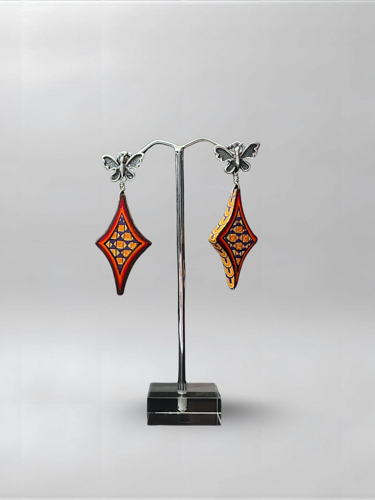 Ember Diamond — one-of-one hand-carved wood and sterling silver earrings