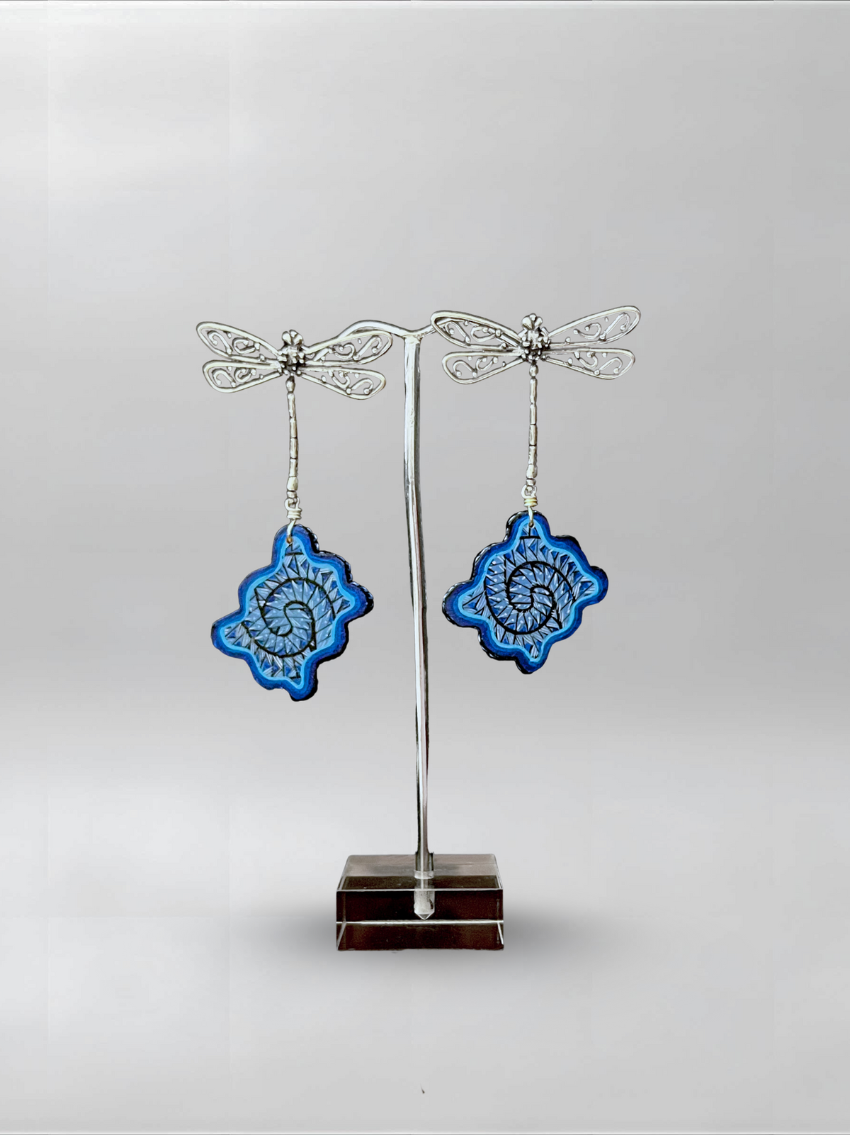 Cobalt Glyph — one-of-one hand-carved wood and sterling silver earrings