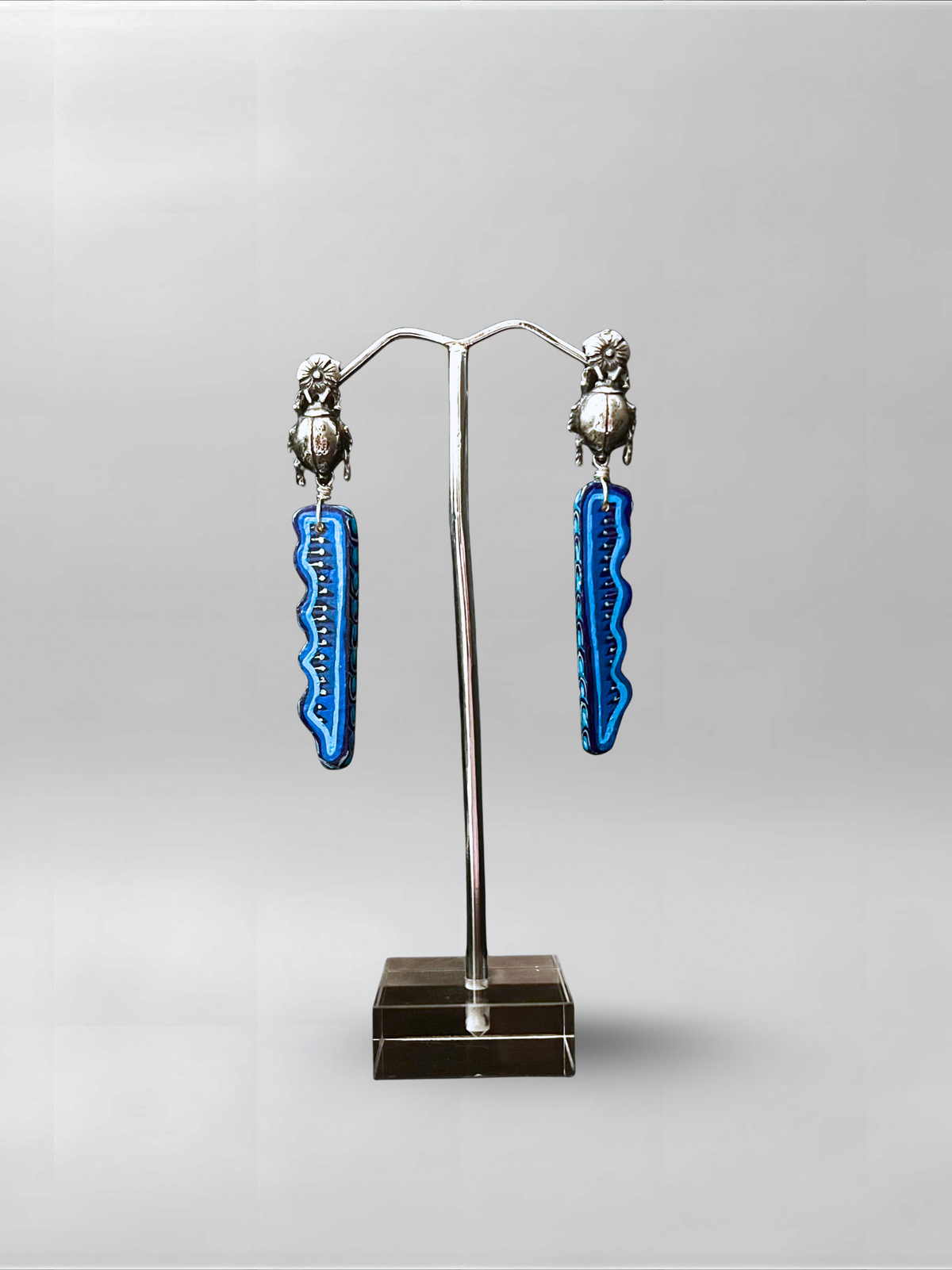 Cobalt Cut — one-of-one hand-carved wood and sterling silver earrings