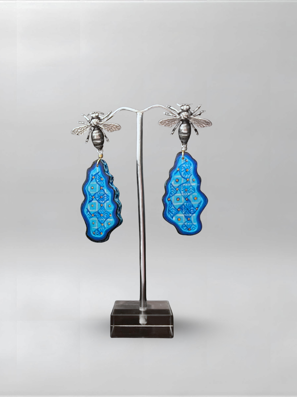 Azure Hive — one-of-one hand-carved wood and sterling silver earrings