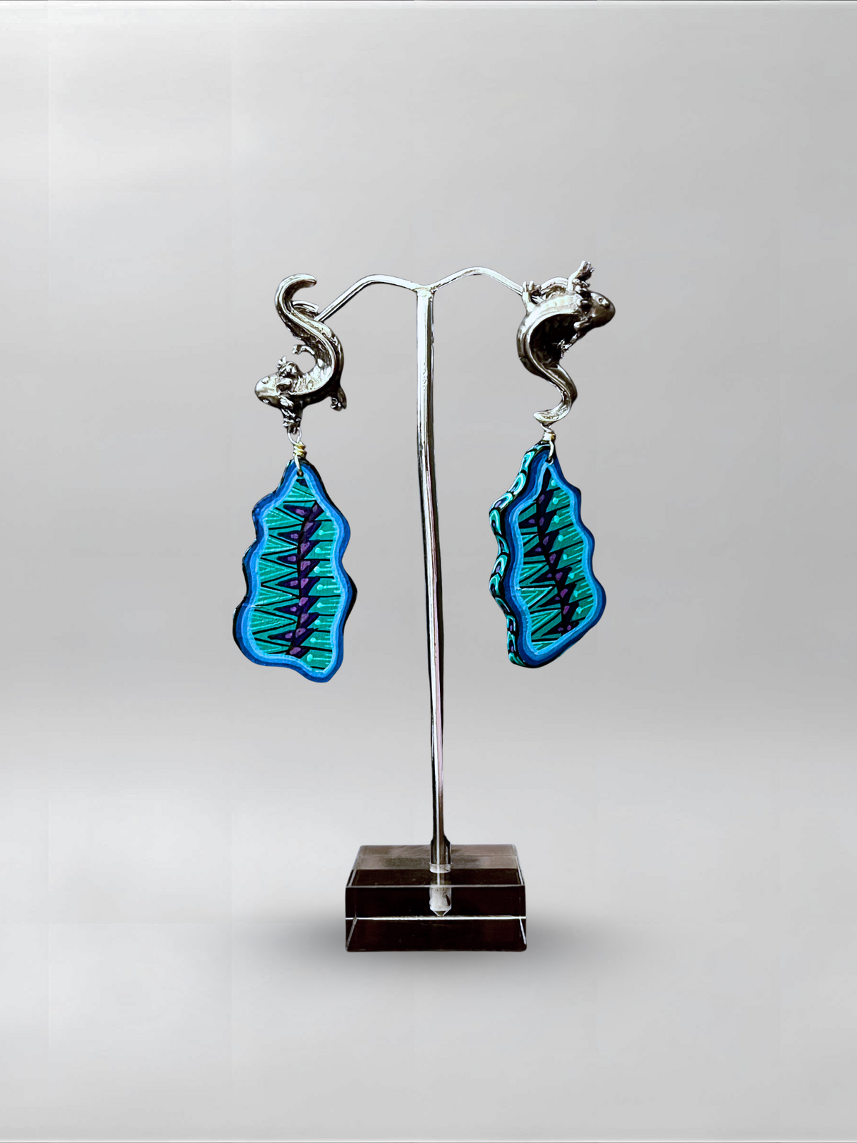 Teal Mark — one-of-one hand-carved wood and sterling silver earrings