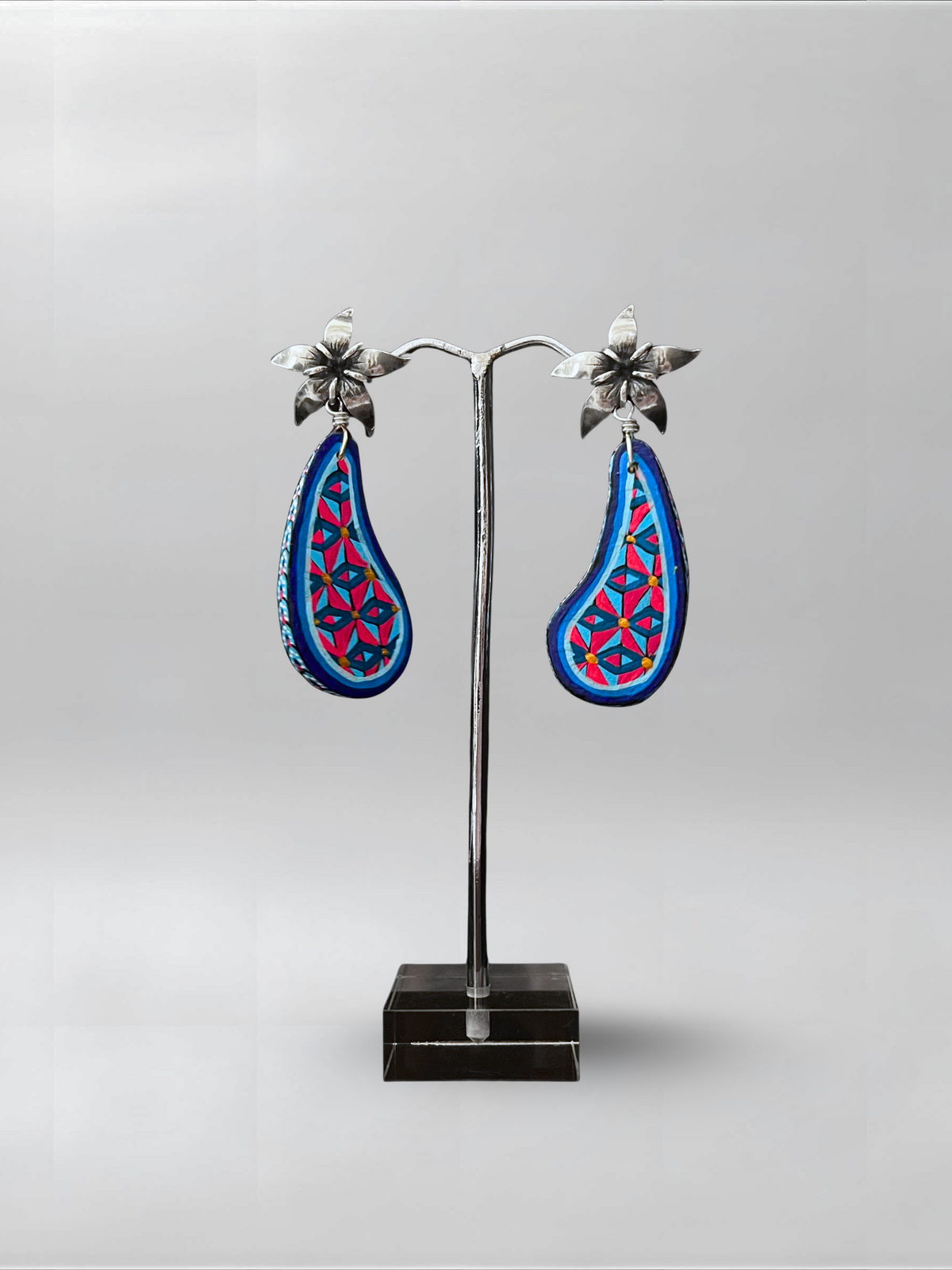 Night Petal — one-of-one hand-carved wood and sterling silver earrings
