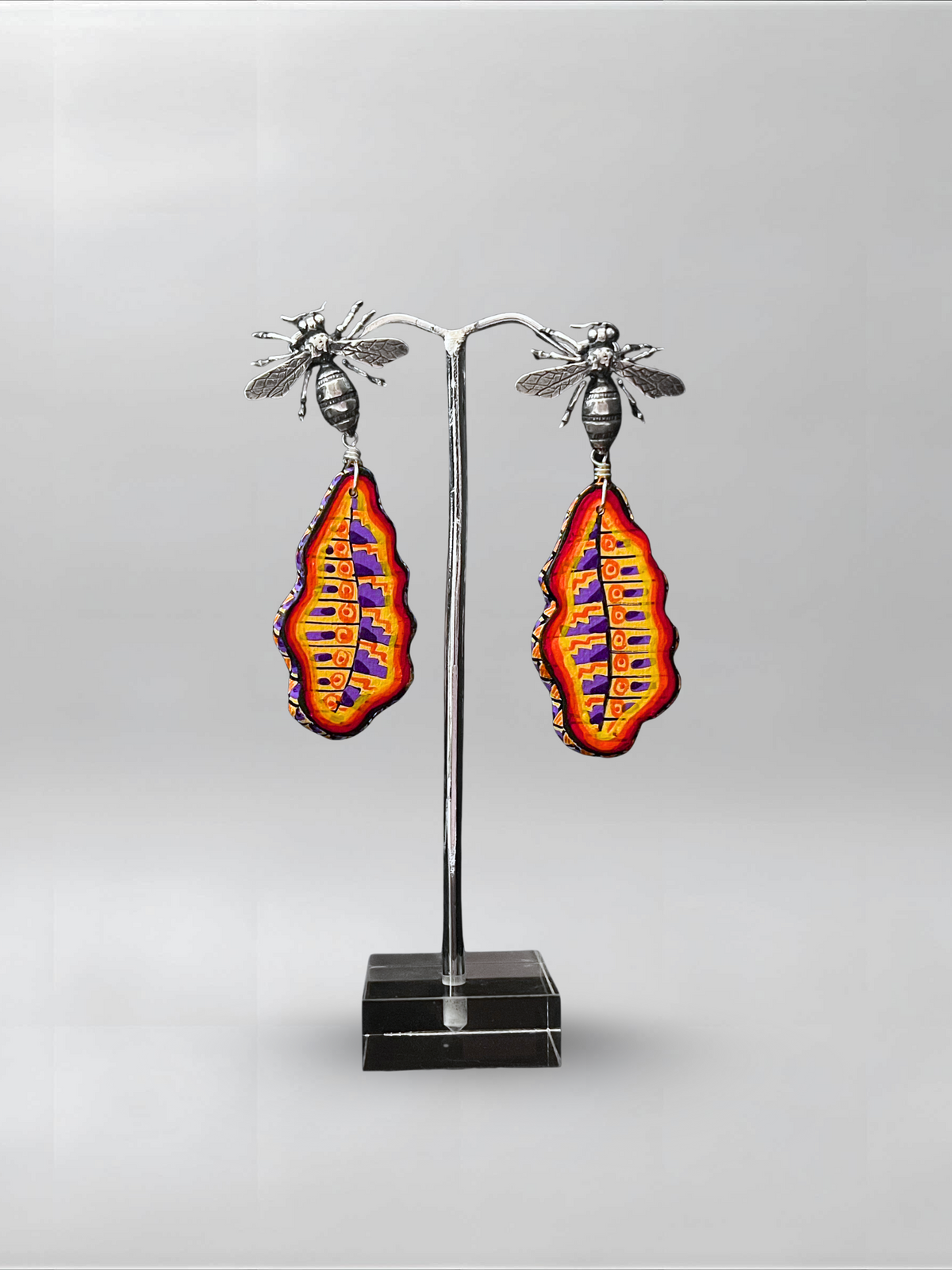Red Signal — one-of-one hand-carved wood and sterling silver earrings
