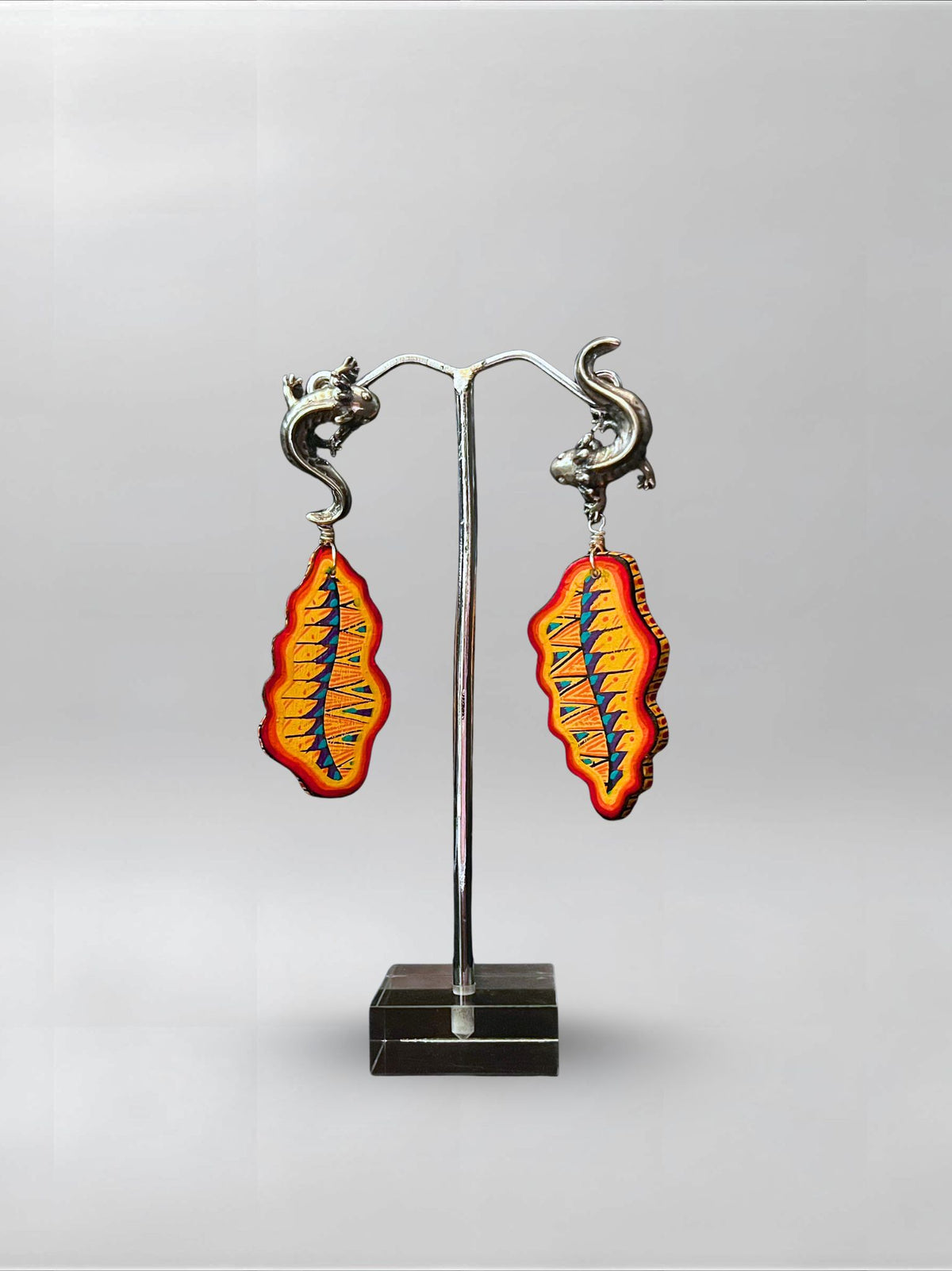 Orange Crest — one-of-one hand-carved wood and sterling silver earrings