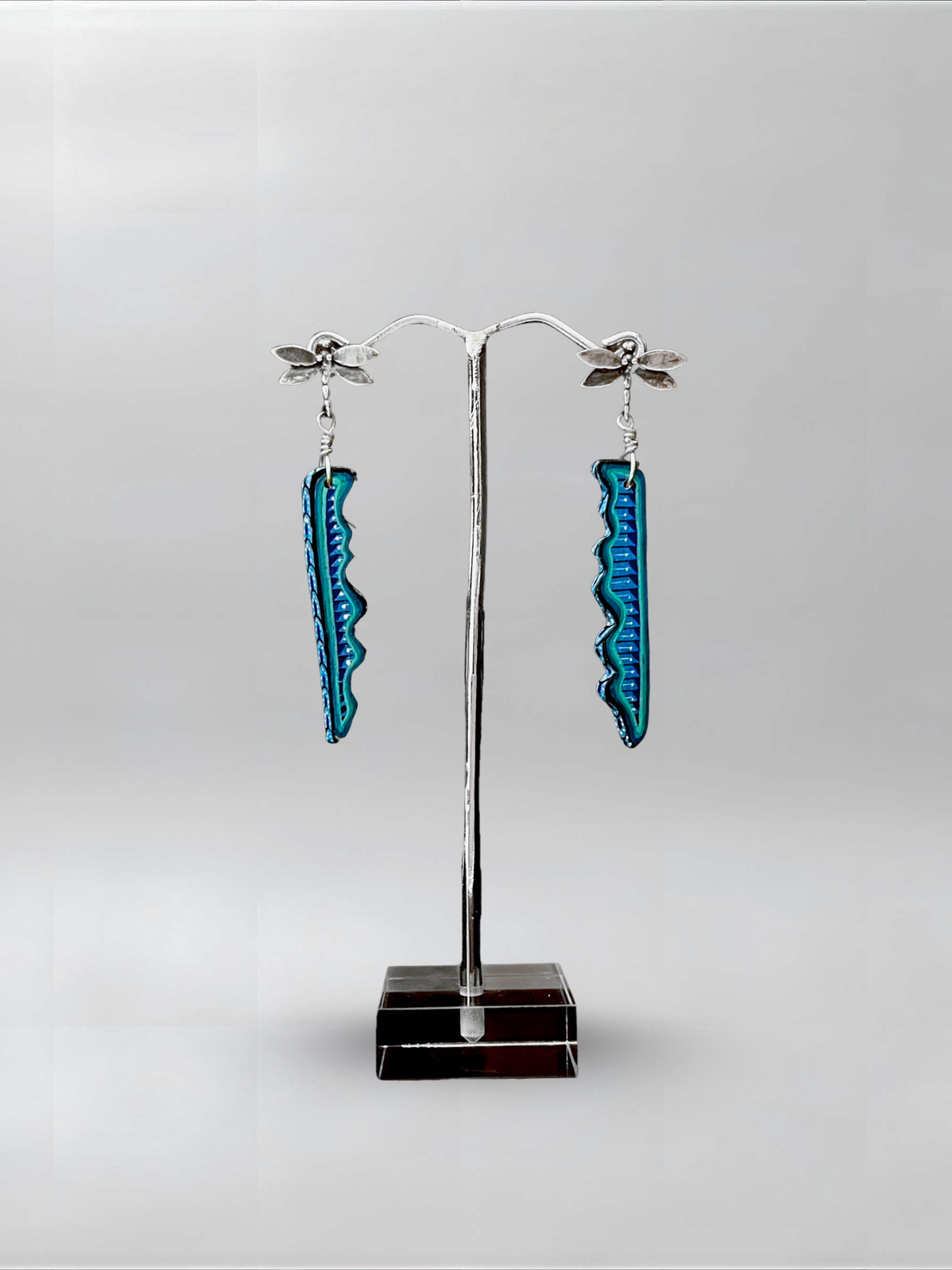 Blue Trace — one-of-one hand-carved wood and sterling silver earrings