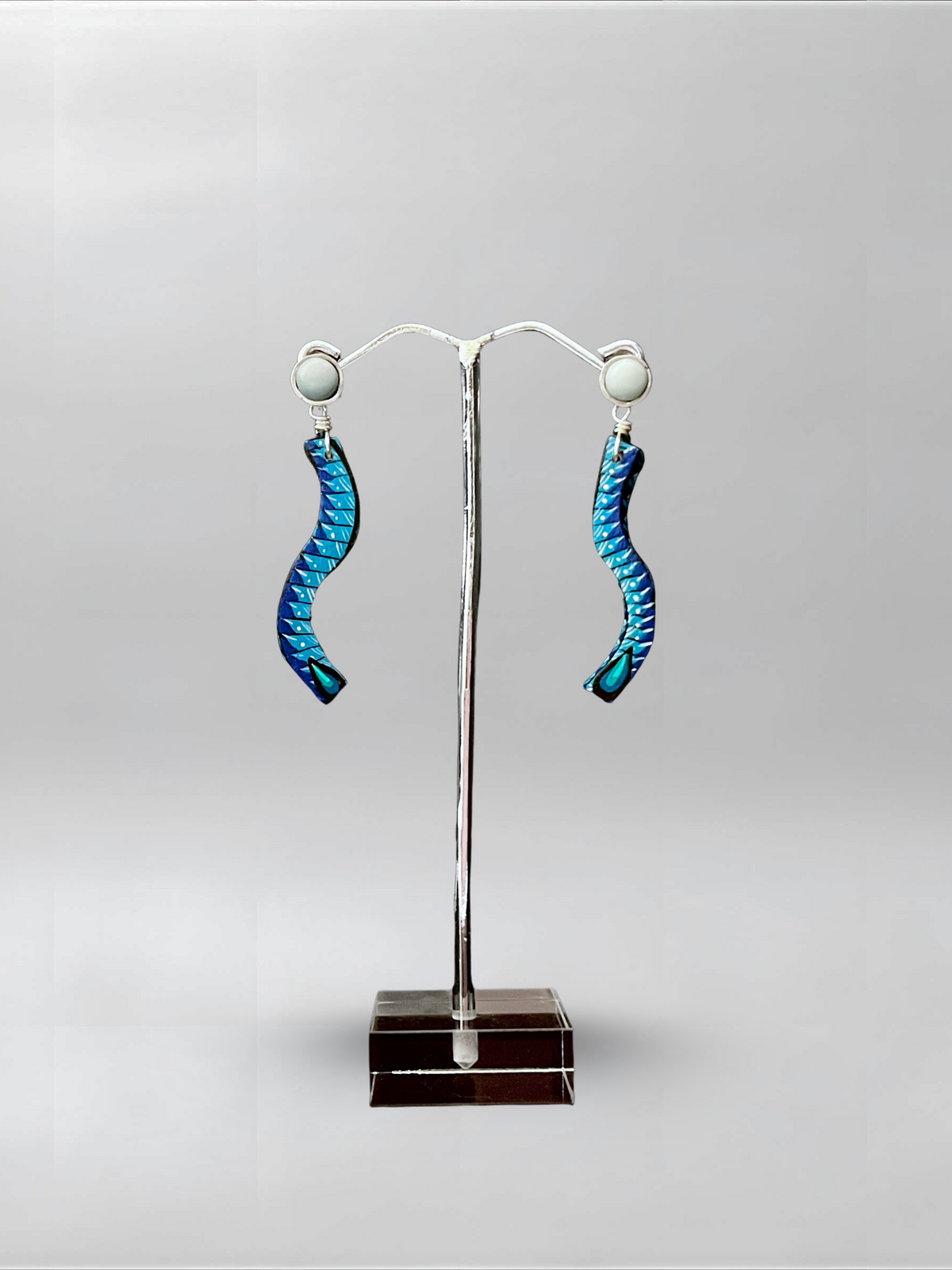 Turquoise Arc — one-of-one hand-carved wood and sterling silver earrings
