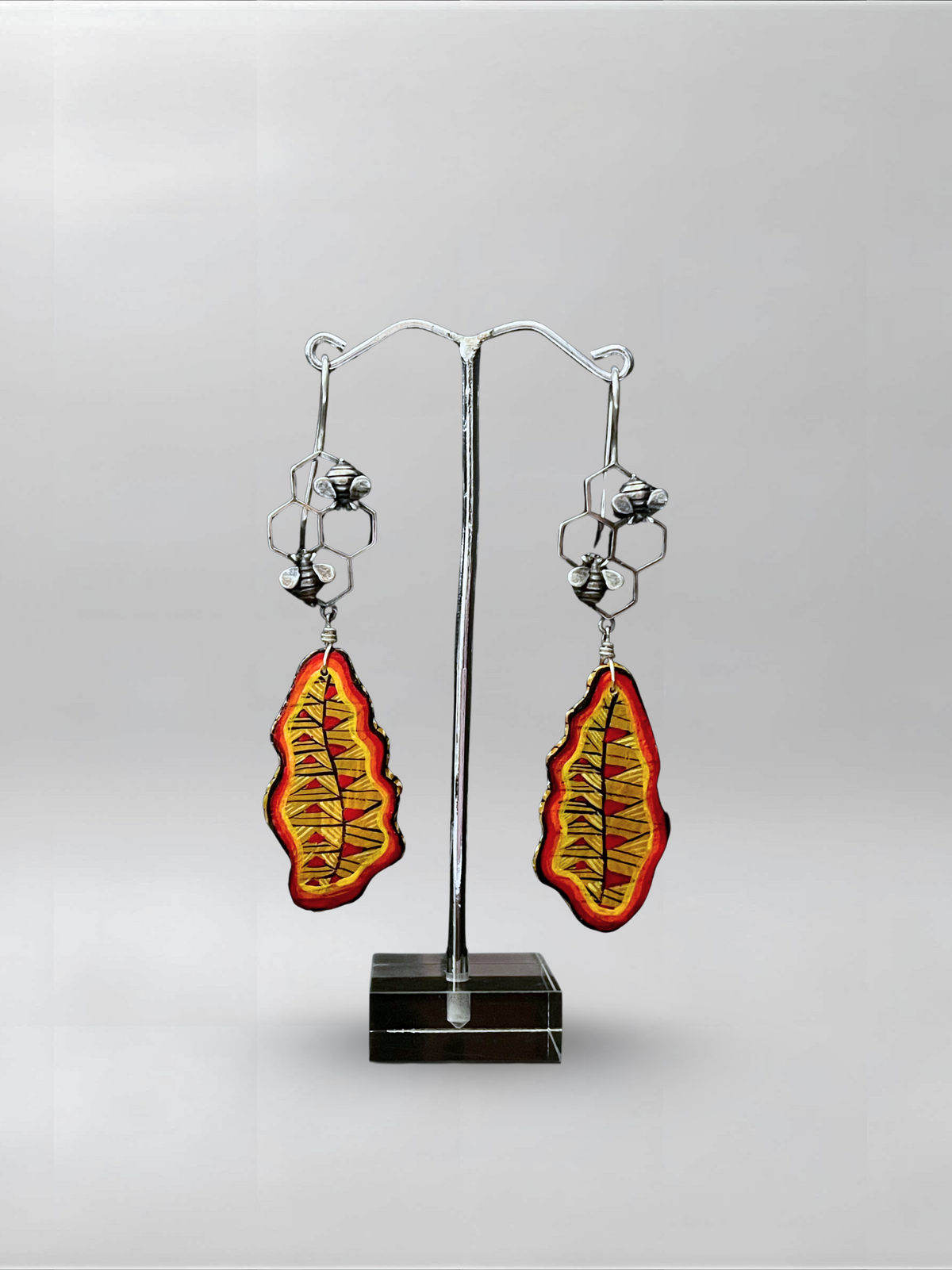 Fire Grid — one-of-one hand-carved wood and sterling silver earrings