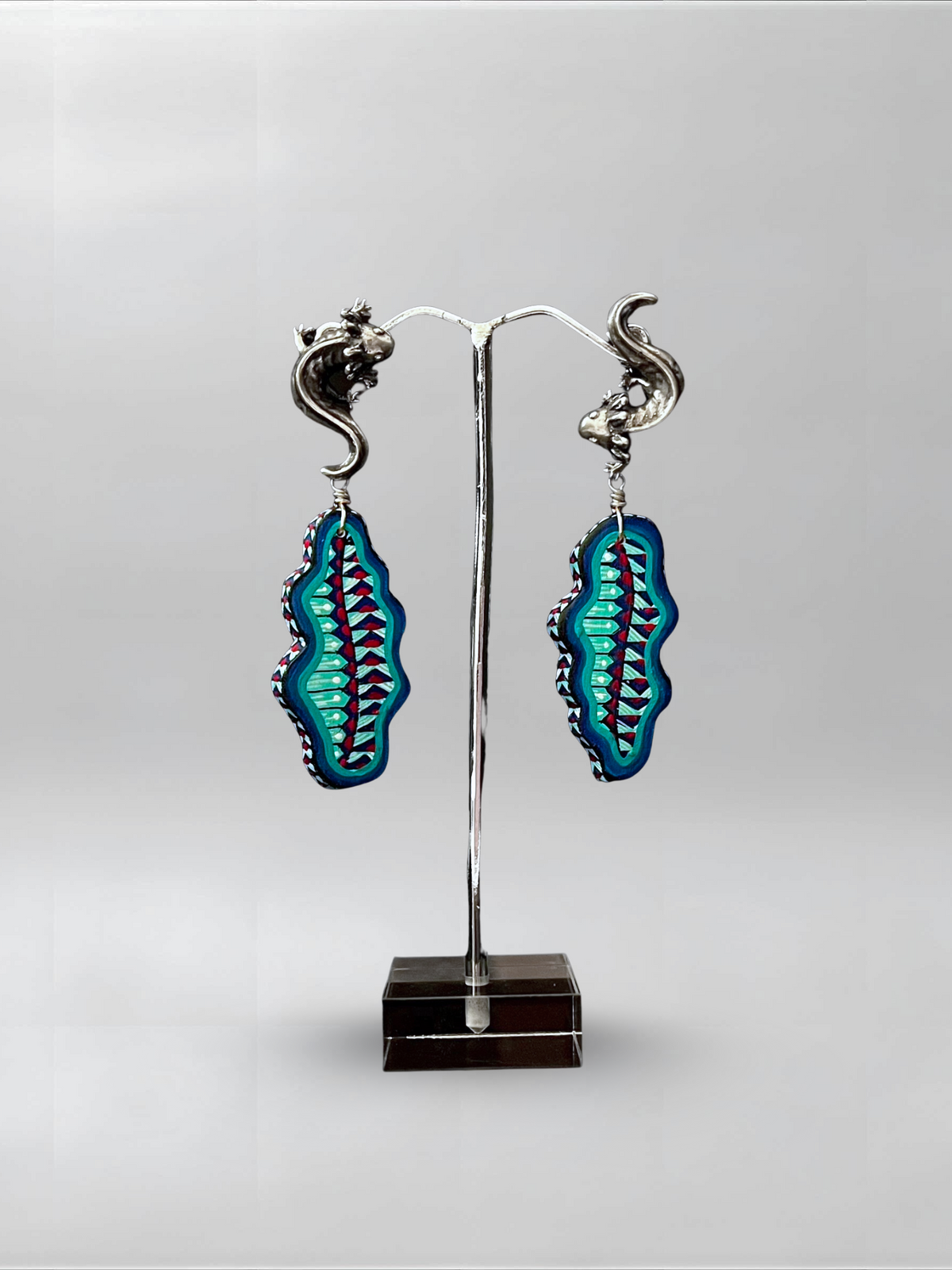 Teal Crest — one-of-one hand-carved wood and sterling silver earrings