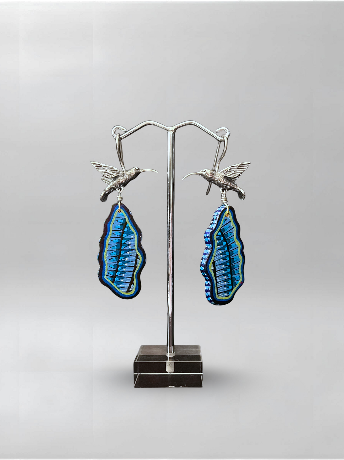 Blue Flight — one-of-one hand-carved wood and sterling silver earrings