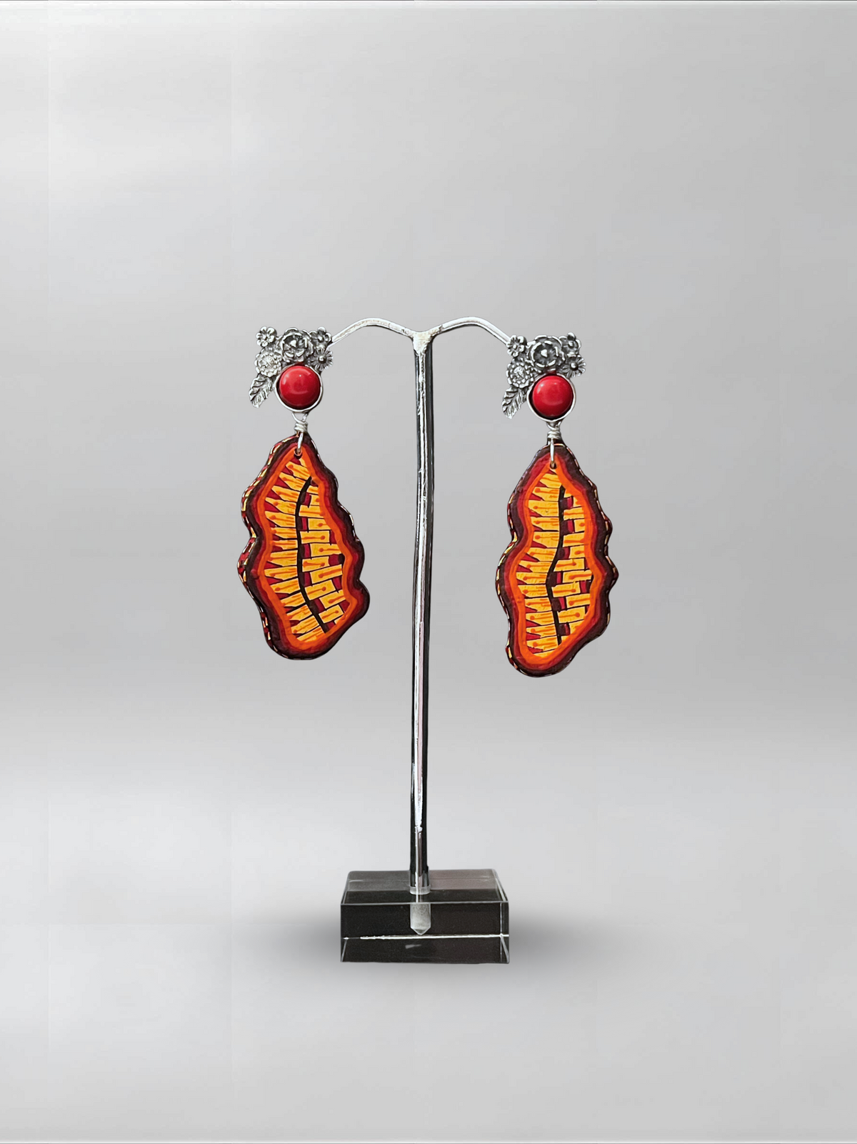 Coral Flare — one-of-one hand-carved wood and sterling silver earrings