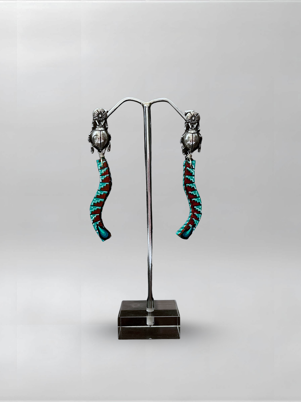 Teal Curve — one-of-one hand-carved wood and sterling silver earrings