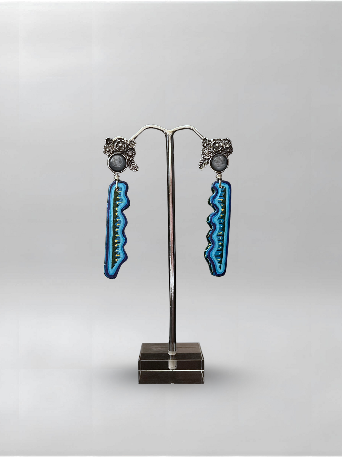 Blue Needle — one-of-one hand-carved wood and sterling silver earrings