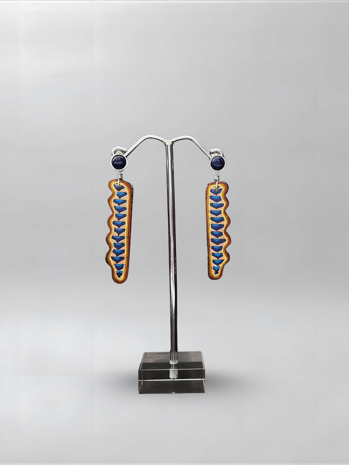 Lapis Spine — one-of-one hand-carved wood and sterling silver earrings