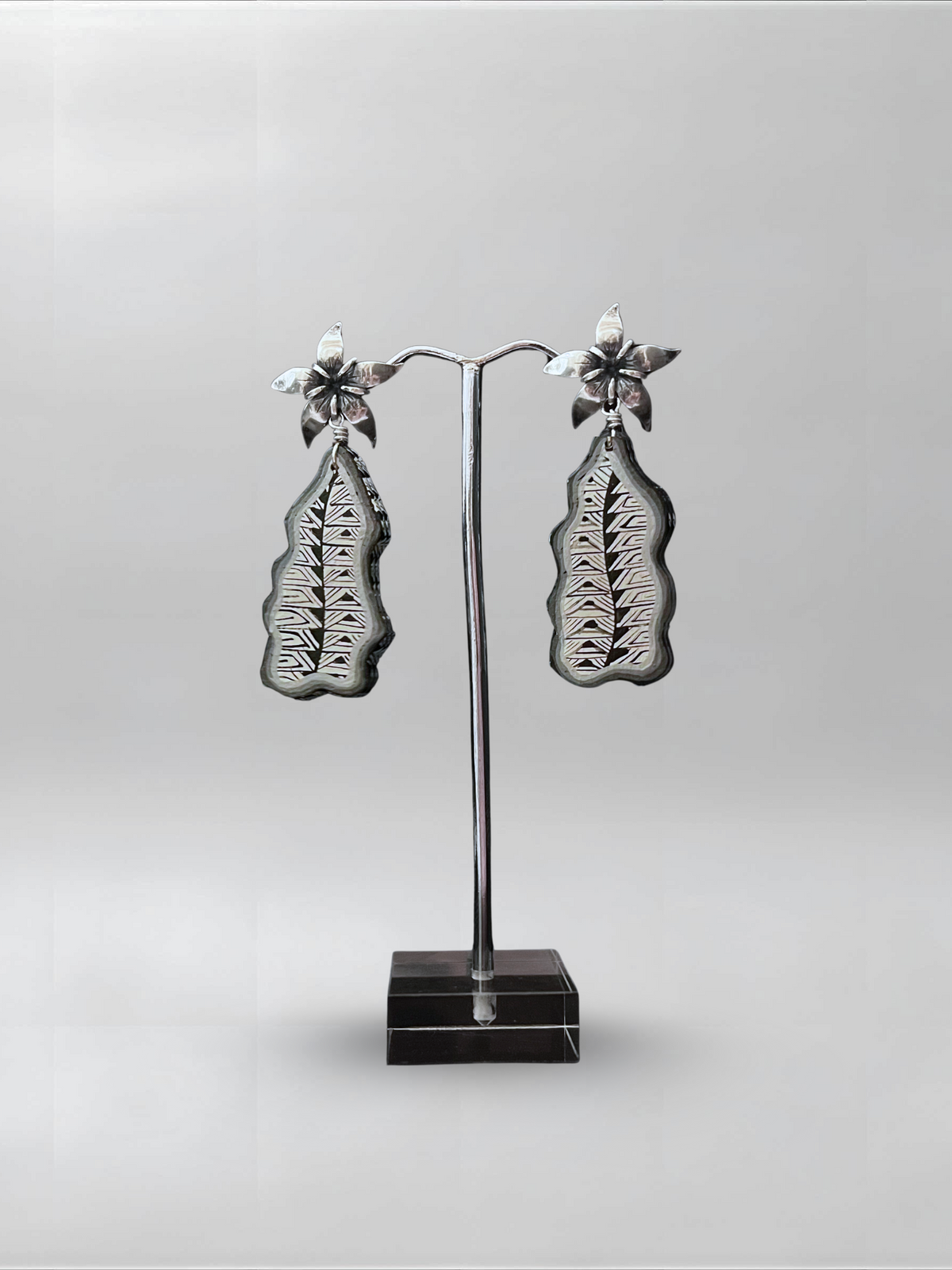 Black Petal — one-of-one hand-carved wood and sterling silver earrings