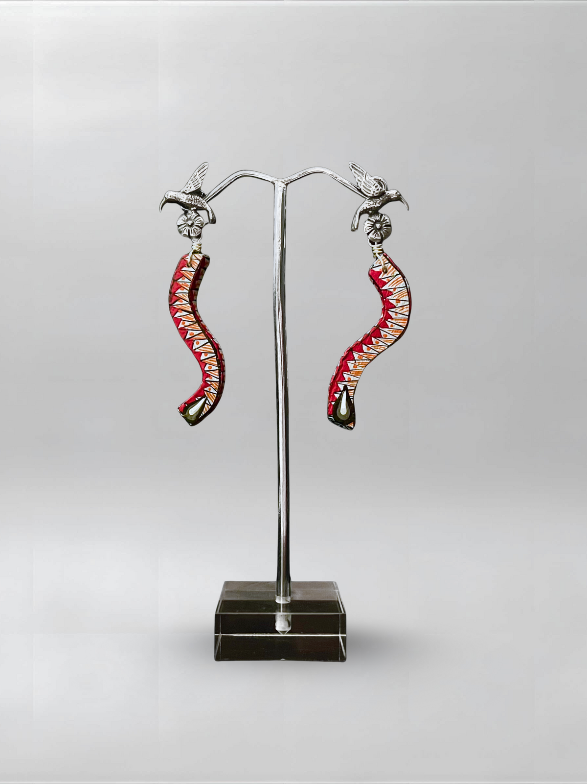 Crimson Flight — one-of-one hand-carved wood and sterling silver earrings