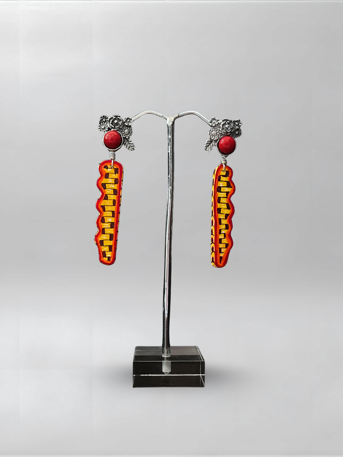 Coral Line — one-of-one hand-carved wood and sterling silver earrings