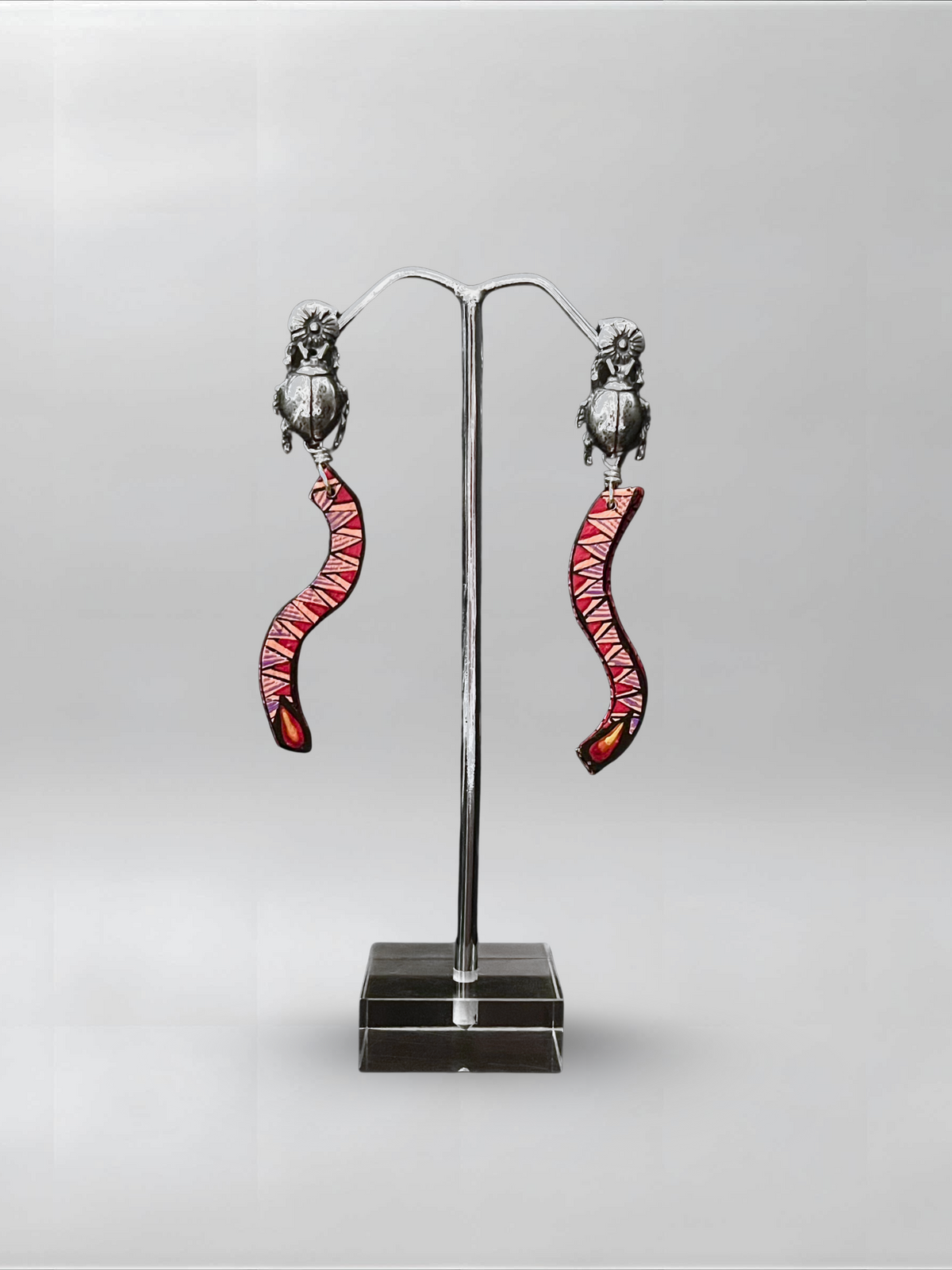 Crimson Arc — one-of-one hand-carved wood and sterling silver earrings