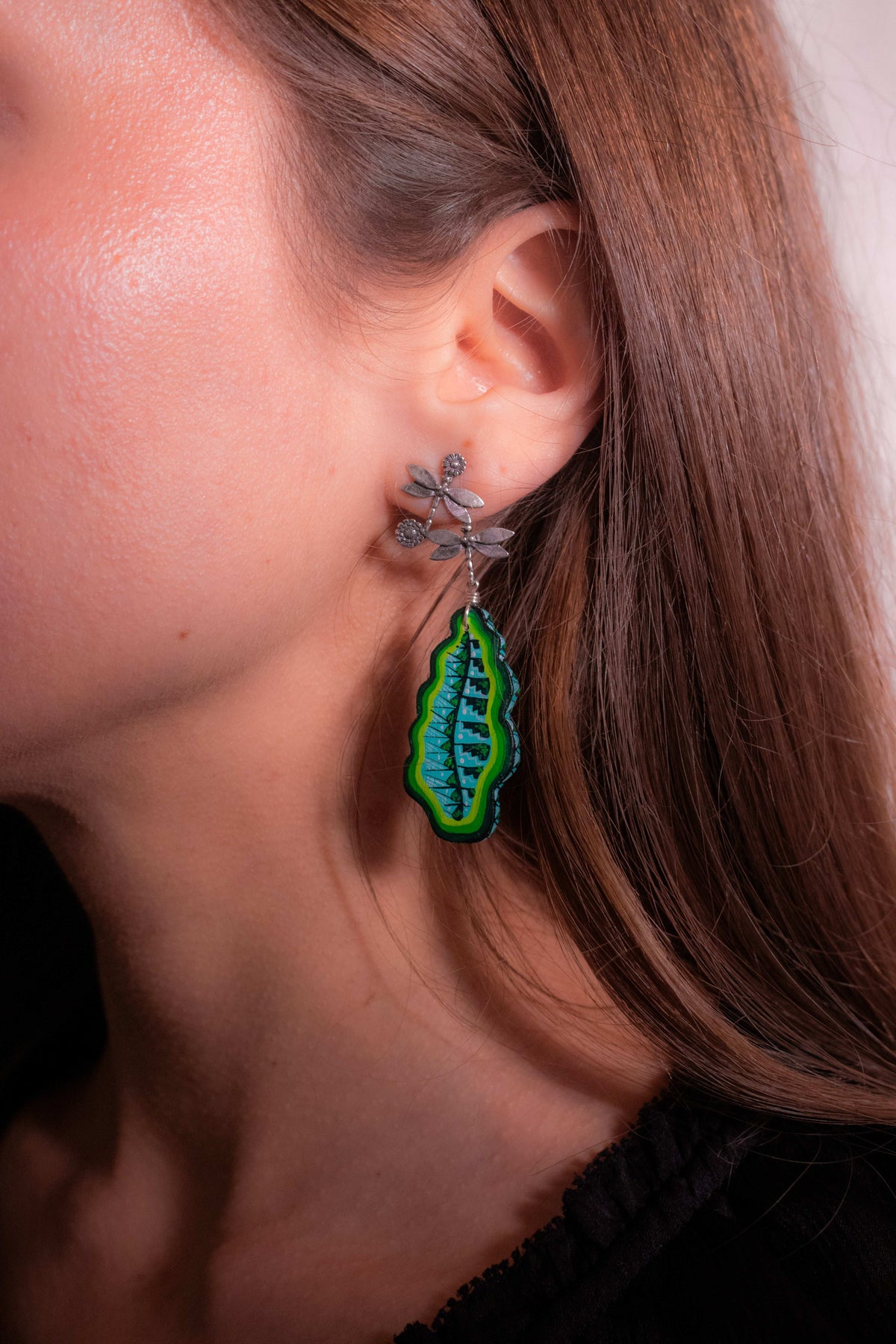 Detail of Green Leaf hand-carved wood and sterling silver earrings — view 4 of 4