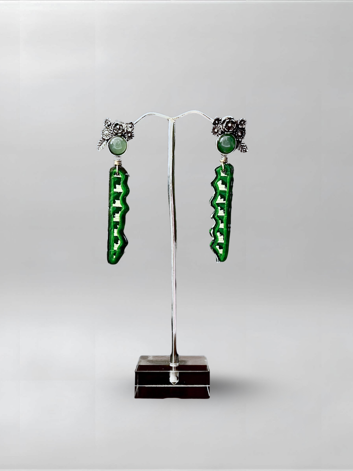 Green Current — one-of-one hand-carved wood and sterling silver earrings
