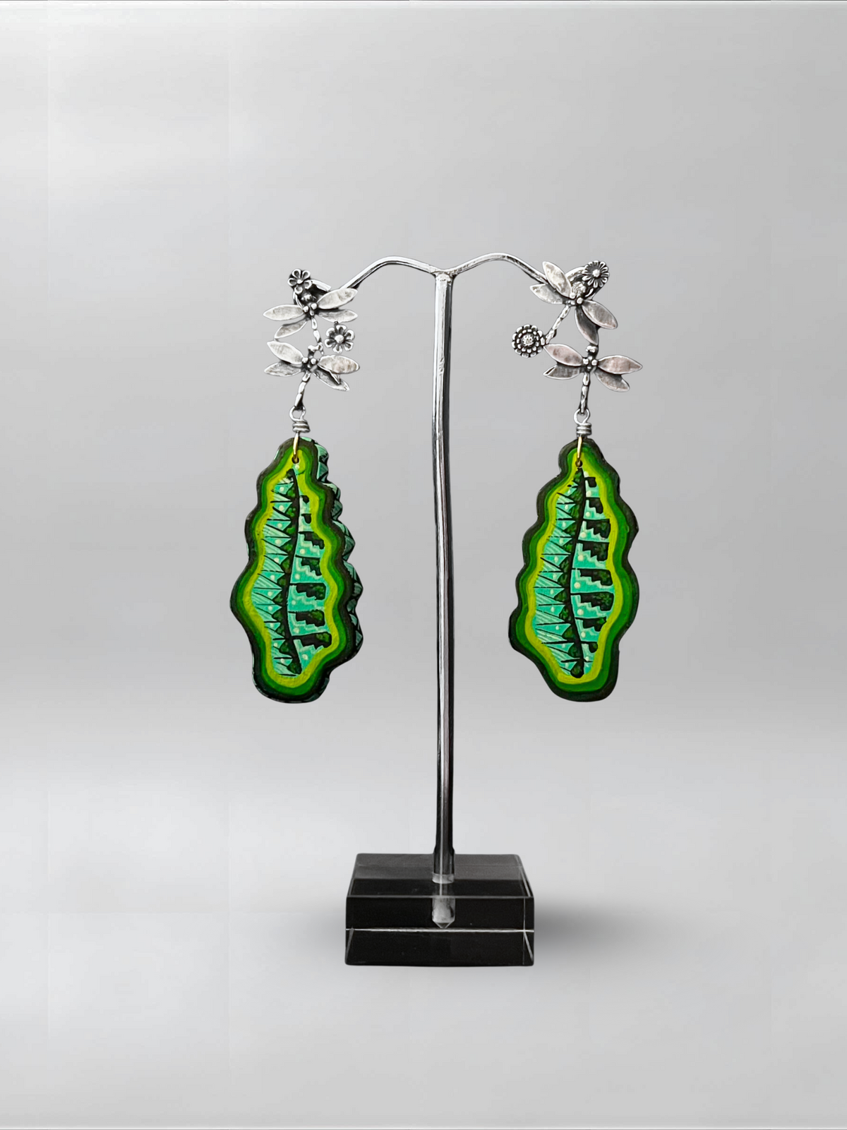 Green Leaf — one-of-one hand-carved wood and sterling silver earrings