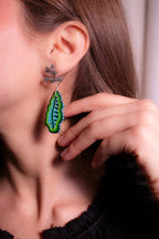 Detail of Green Leaf hand-carved wood and sterling silver earrings — view 2 of 4