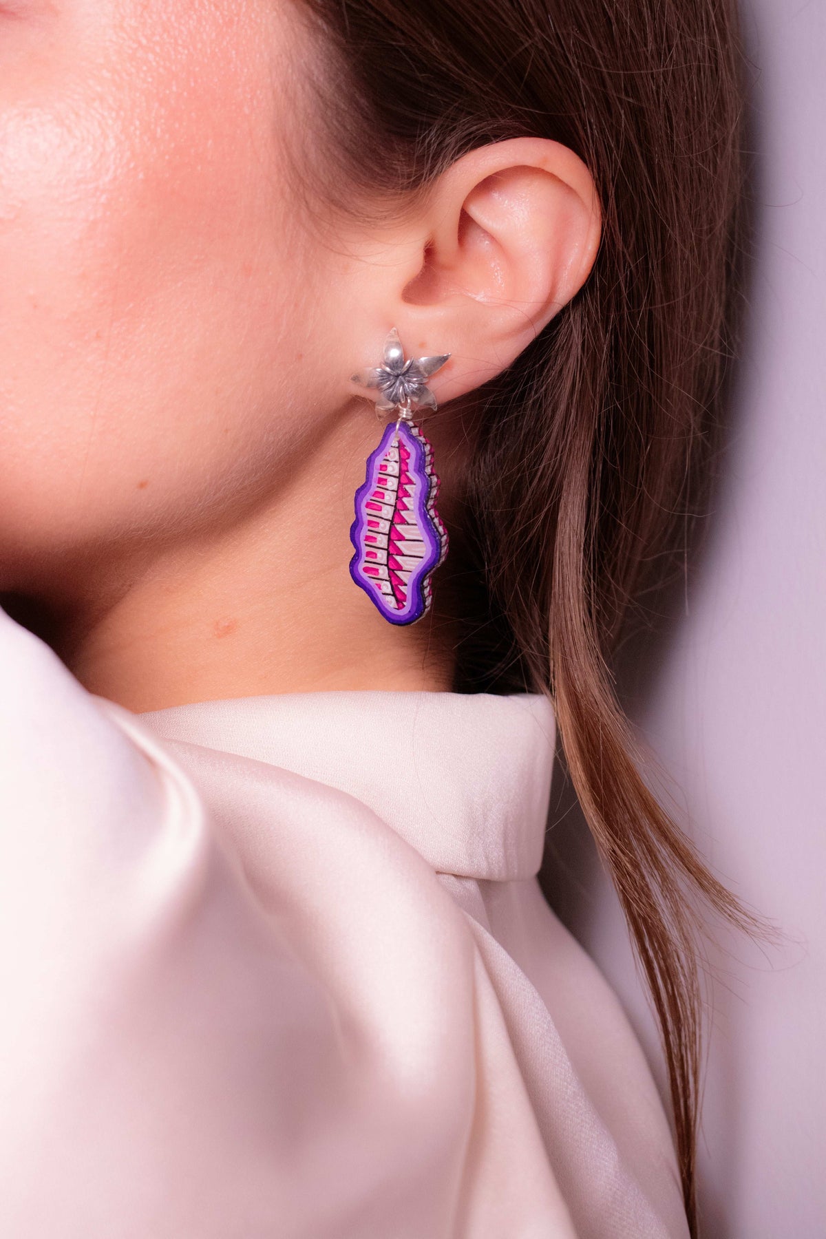 Detail of Violet Wing hand-carved wood and sterling silver earrings — view 2 of 3