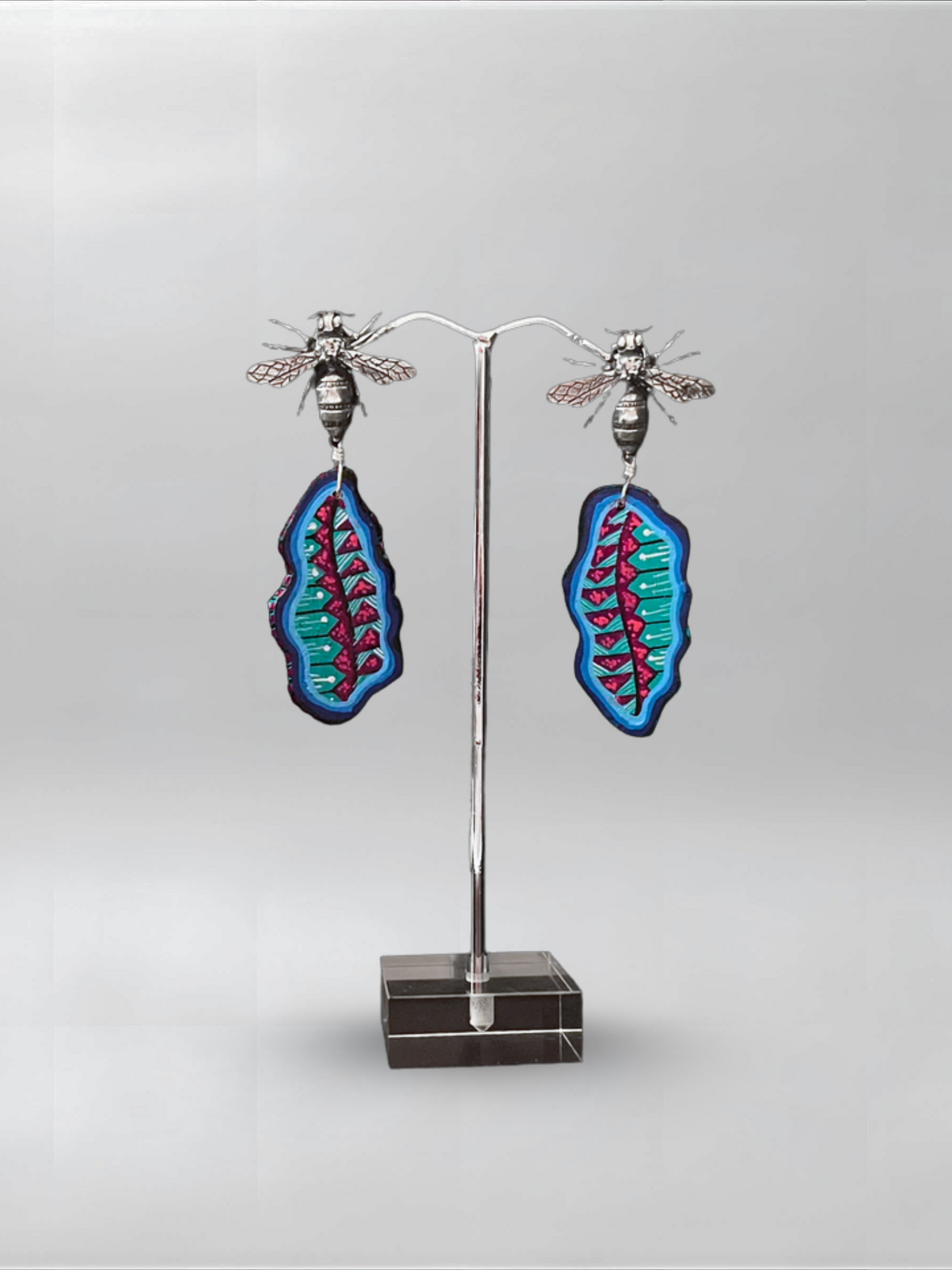 Teal Signal — one-of-one hand-carved wood and sterling silver earrings