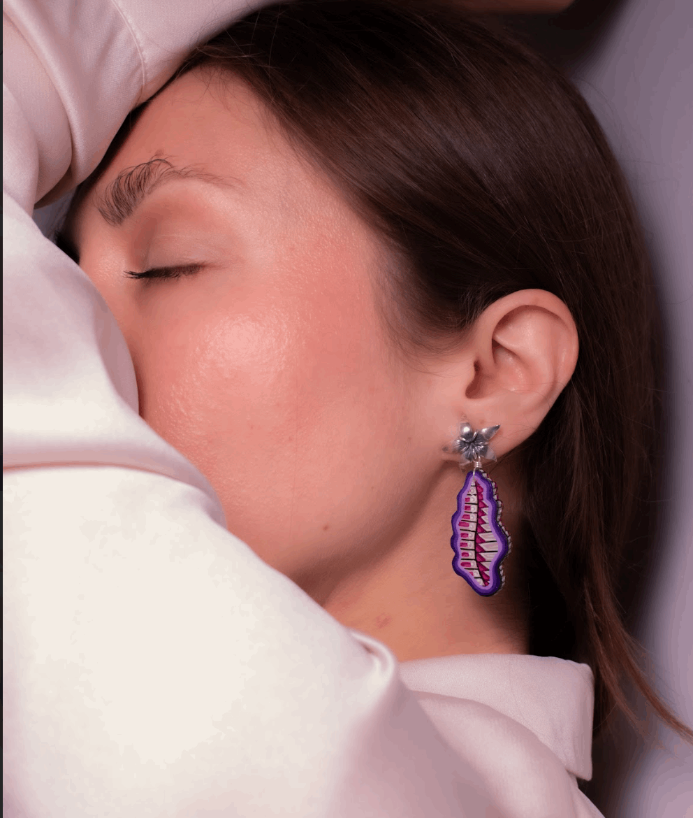 Detail of Violet Wing hand-carved wood and sterling silver earrings — view 3 of 3