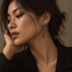 Violet Arc one-of-one earrings worn in an editorial portrait